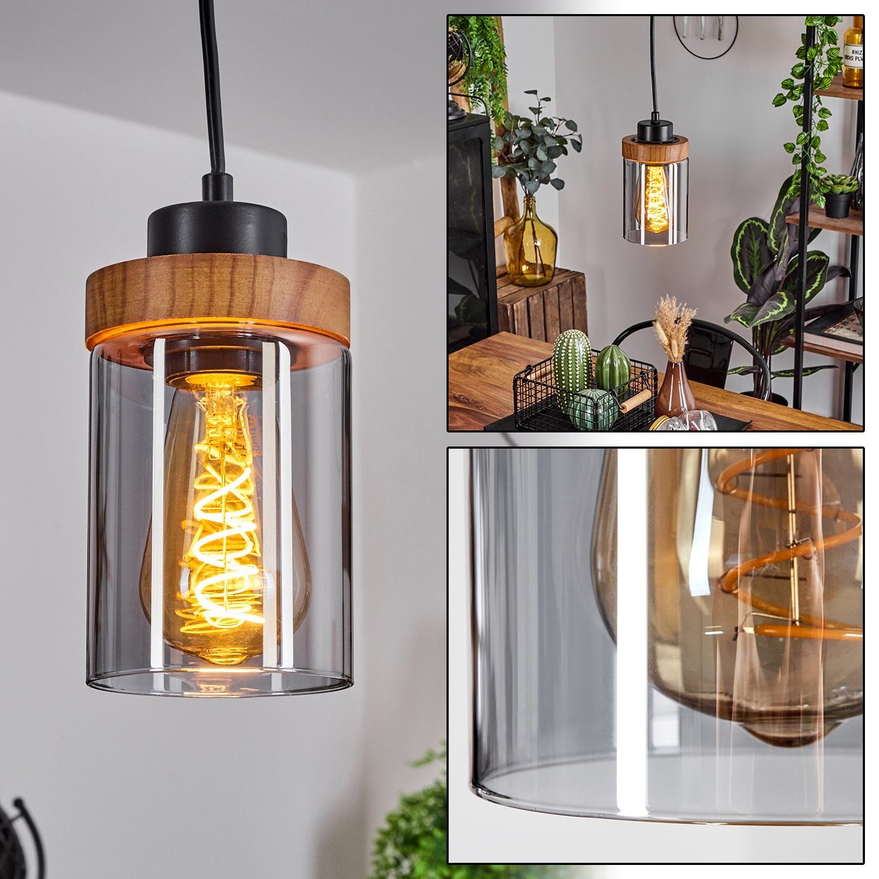 hofstein Hängeleuchte »Vaglie« Deckenlampe aus Metall/Holz/Glas in  Schwarz/Natur/Rauchfarben, ohne Leuchtmittel, Leuchte im modernen Design  mit Glasschirmen, Höhe max. 150cm, 1xE27