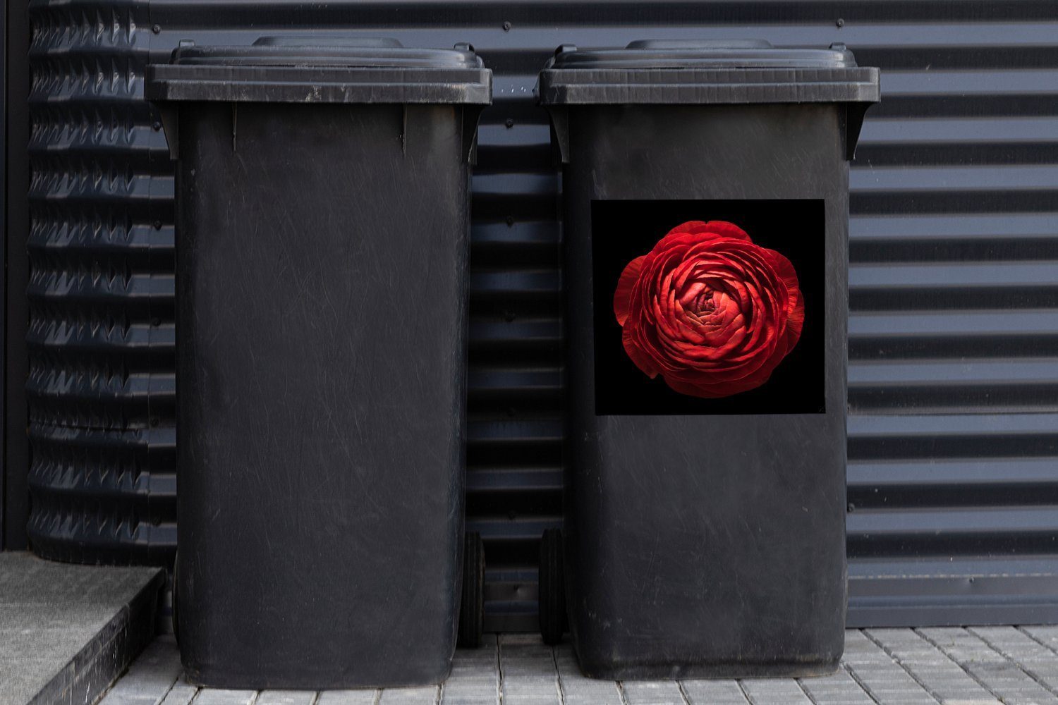 MuchoWow Wandsticker Mülleimer-aufkleber, Mülltonne, Hintergrund auf Sticker, St), Butterblume Abfalbehälter einer Nahaufnahme Eine (1 roten schwarzem Container