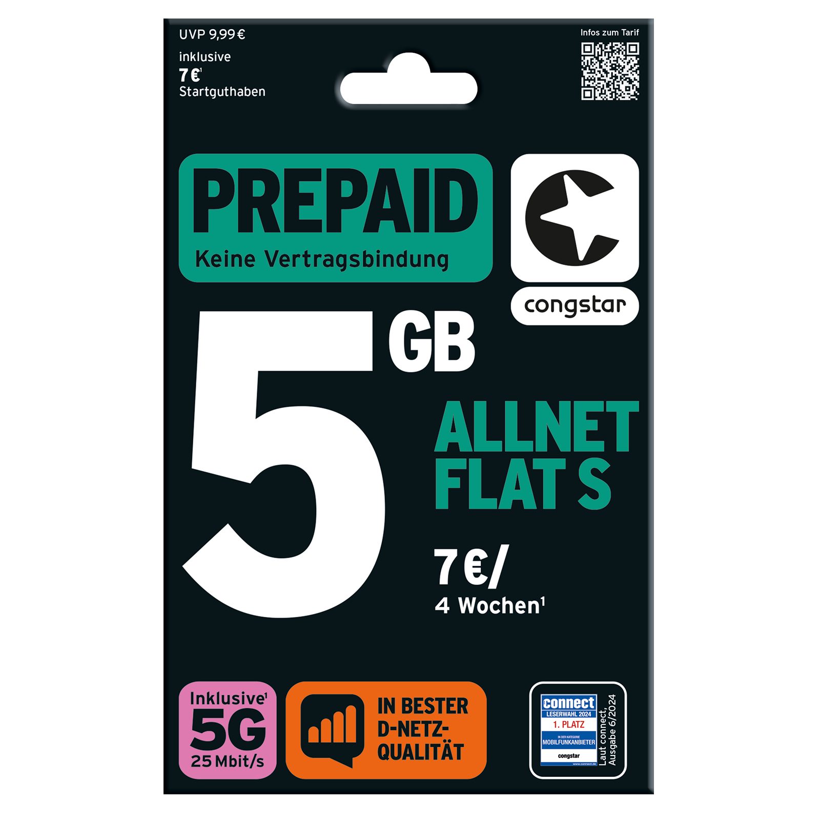 Congstar Prepaid ALLNET S, SIM-Karte ohne Vertrag, 5G mit 25 Mbit/s Prepaidkarte, (EU-Roaming inkl. CH, 14 € Startguthaben)