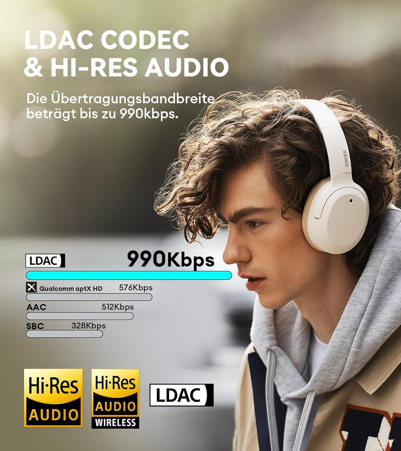 Schnelllade Audio Stunden Edifier® Wireless & Gaming-Headset Umgebungsgeräuschen, 49 und (Automatische Korrektur Wired Bluetooth, Hi-Res von Erkennung Spielzeit) LDAC