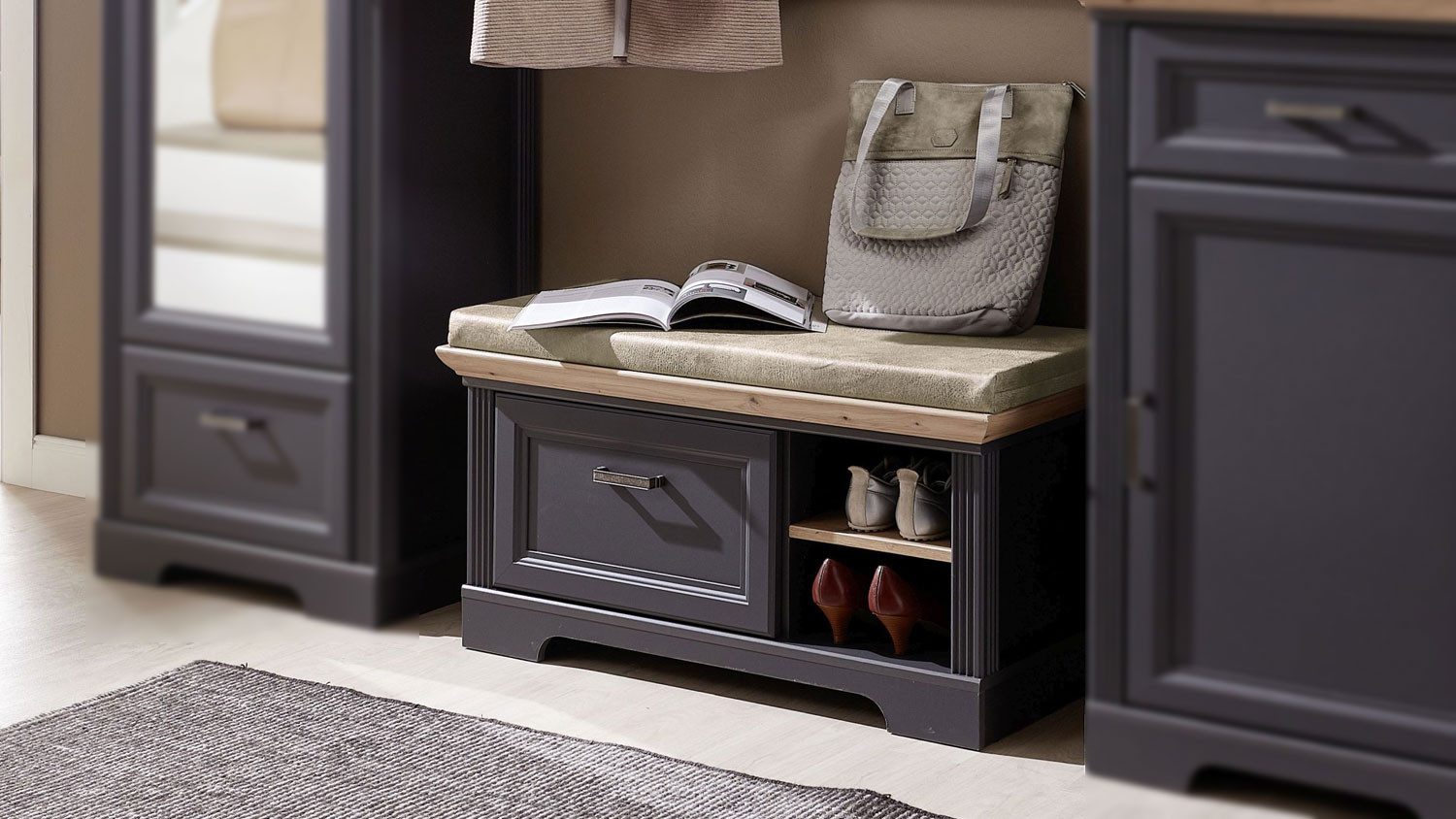Innostyle Sitzbank Bank Jasmin Schuhschrank mit Kissen graphit und Artisan Eiche 93x49 cm