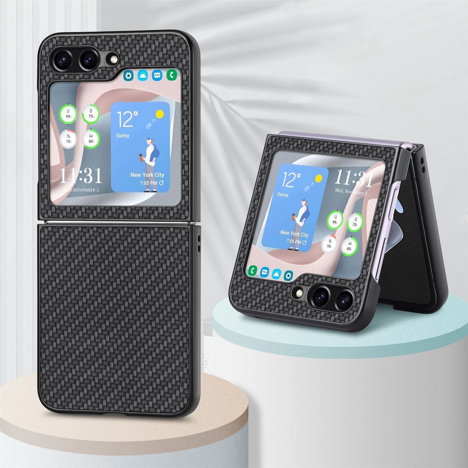 Wigento Handyhülle Für Samsung Galaxy Z Flip5 5G Carbon Handy Tasche Hülle Cover Etui Neu