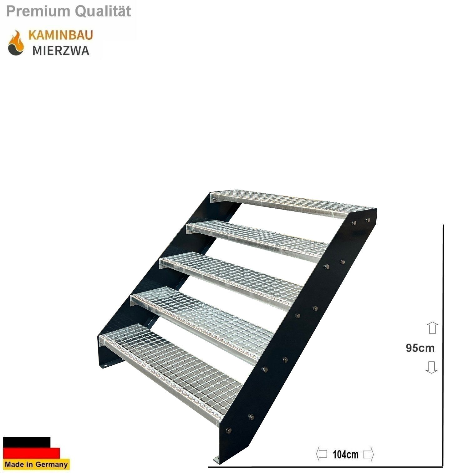 Kaminbau Mierzwa Außentreppe Premium Treppe Anthrazit mit und ohne Geländer, für Geschosshöhen bis 95.00 cm, Stufen Gitterroststufen nach DIN 24531, (Höhe 95 cm, Stufenbreite und Geländerart wählbar), Gartentreppe Stahltreppe Wetterfest Rostfrei Feuer-Verzinkt Rutschfest