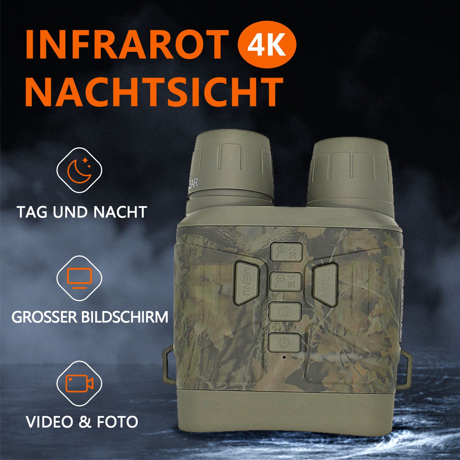 Tekoo Nachtsichtgerät Digitales Nachtsichtgerät 4K 36MP Infrarot Fernglas 200m inkl. 64GB, 4K-Video, 36MP, 200m Nachtsicht, 3" HD-Display & 4000mAh Akku