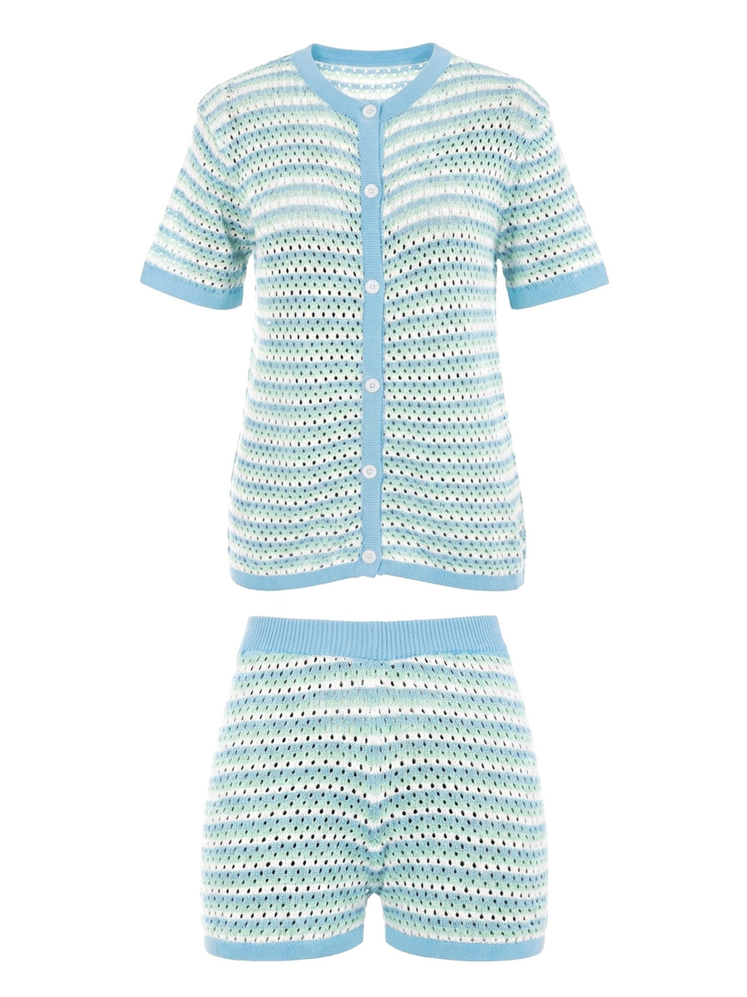 Imily Bela Hausanzug Damen Häkel 2-teiliger Set (Set, 2 tlg., Strick-Shirt + Shorts) gestreiftes – Bild 5 von 5