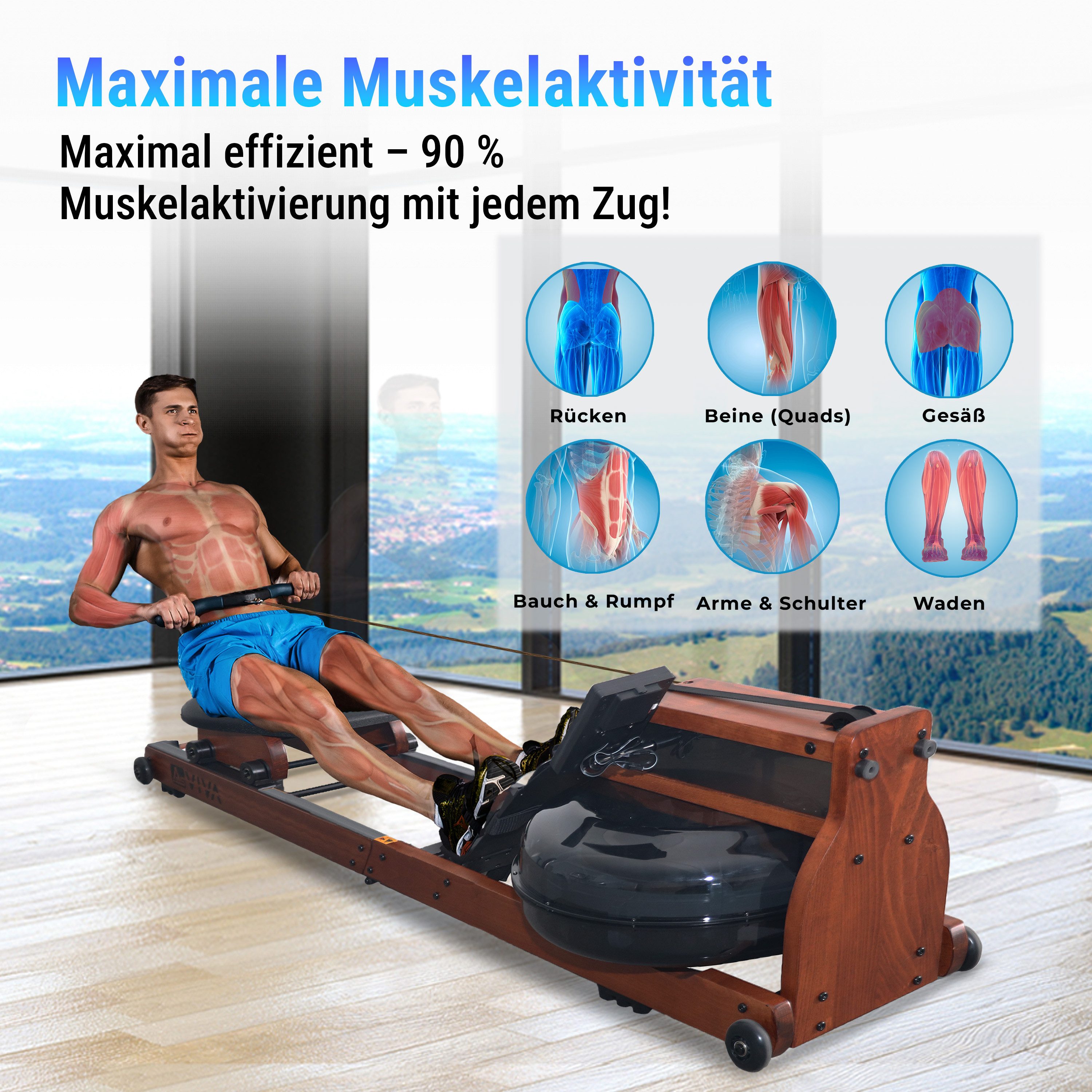 AsVIVA Rudergerät RA18 Wasserrudergerät, Wasserantrieb, Bluetooth-Fitness-App-Kompatibel, Klappbar