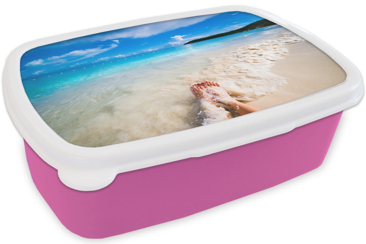 Brotdose rosa (2-tlg), Erwachsene, MuchoWow Strand Mädchen, Lunchbox Brotbox - Snackbox, Kinder, Kunststoff, Sand für Kunststoff - Füße,