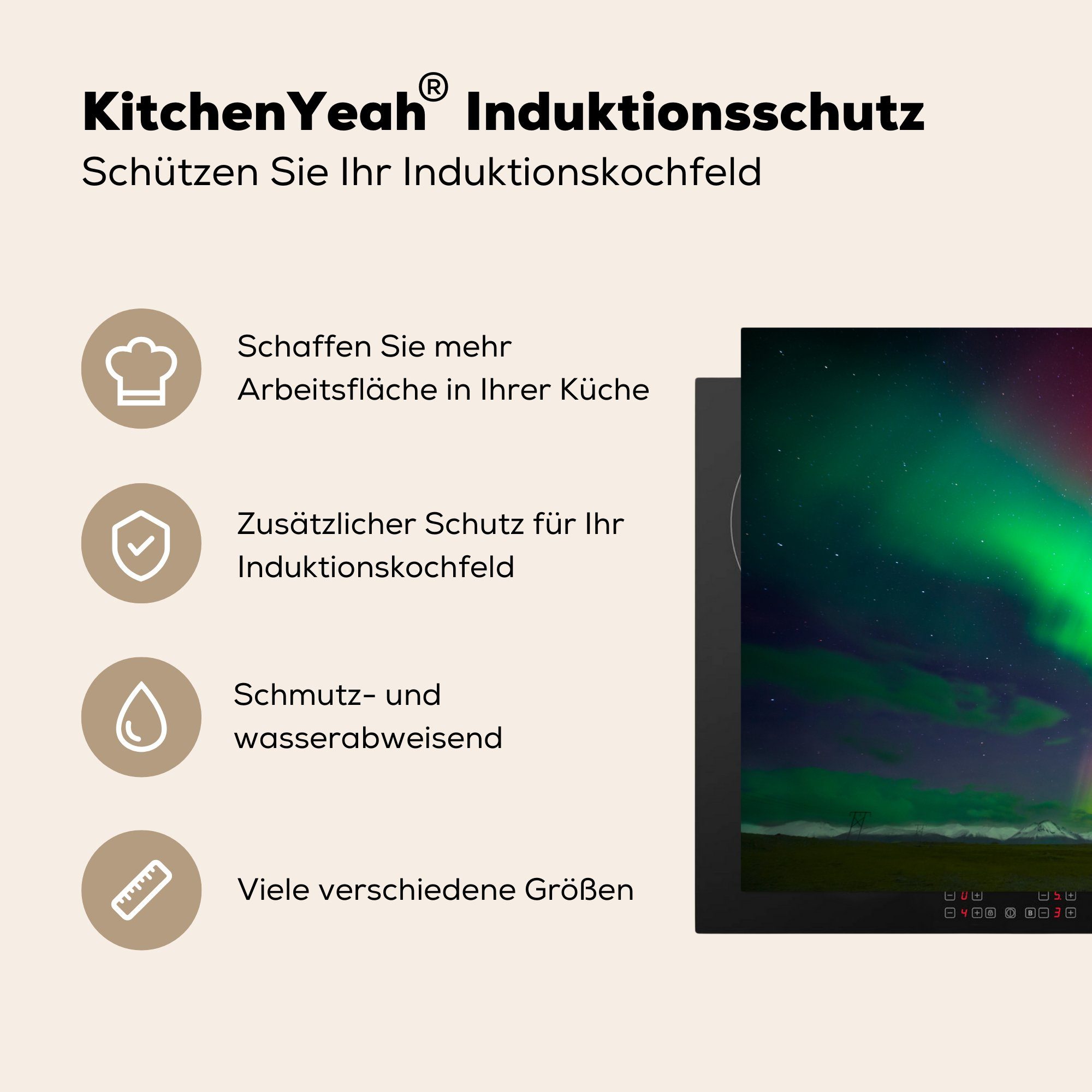 MuchoWow Herdblende-/Abdeckplatte für Induktionskochfeld Island Nordlichter die Grün, Vinyl, (1 Schutz Rot tlg), küche, 81x52 - cm, Ceranfeldabdeckung - 