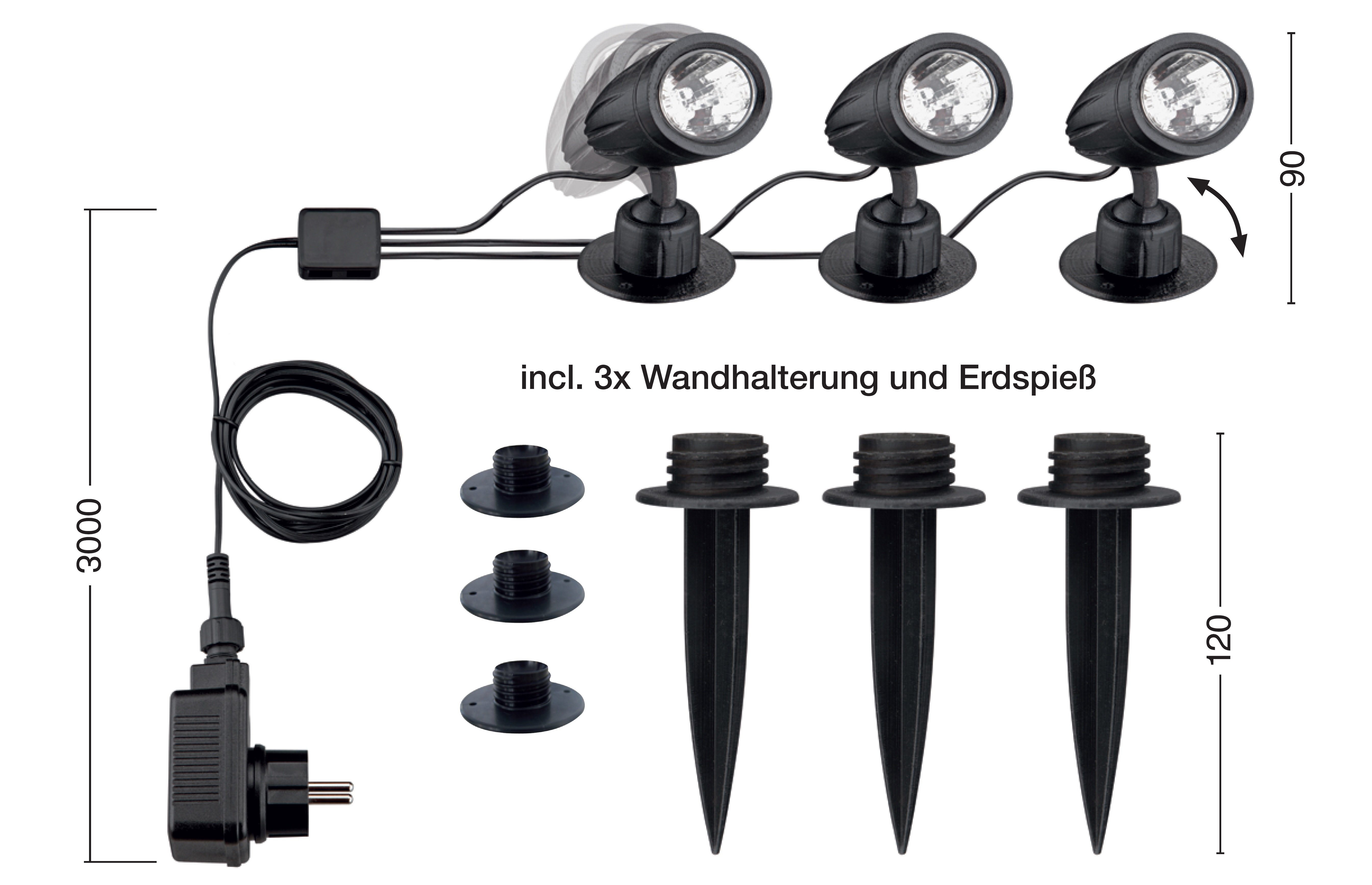 Wandleuchte mit LED Timerfunktion 3x Wegbeleuchtung, *JOE* warmweiß inkl. Außenleuchte & Modul 3000K LED LED Zuleitungskabel, Leuchtmittel Teichlampe, 3076-353 Gartenlampe Gartenleuchte, warmweiß, 3-flammig Gartenstrahler, IP44 TRANGO