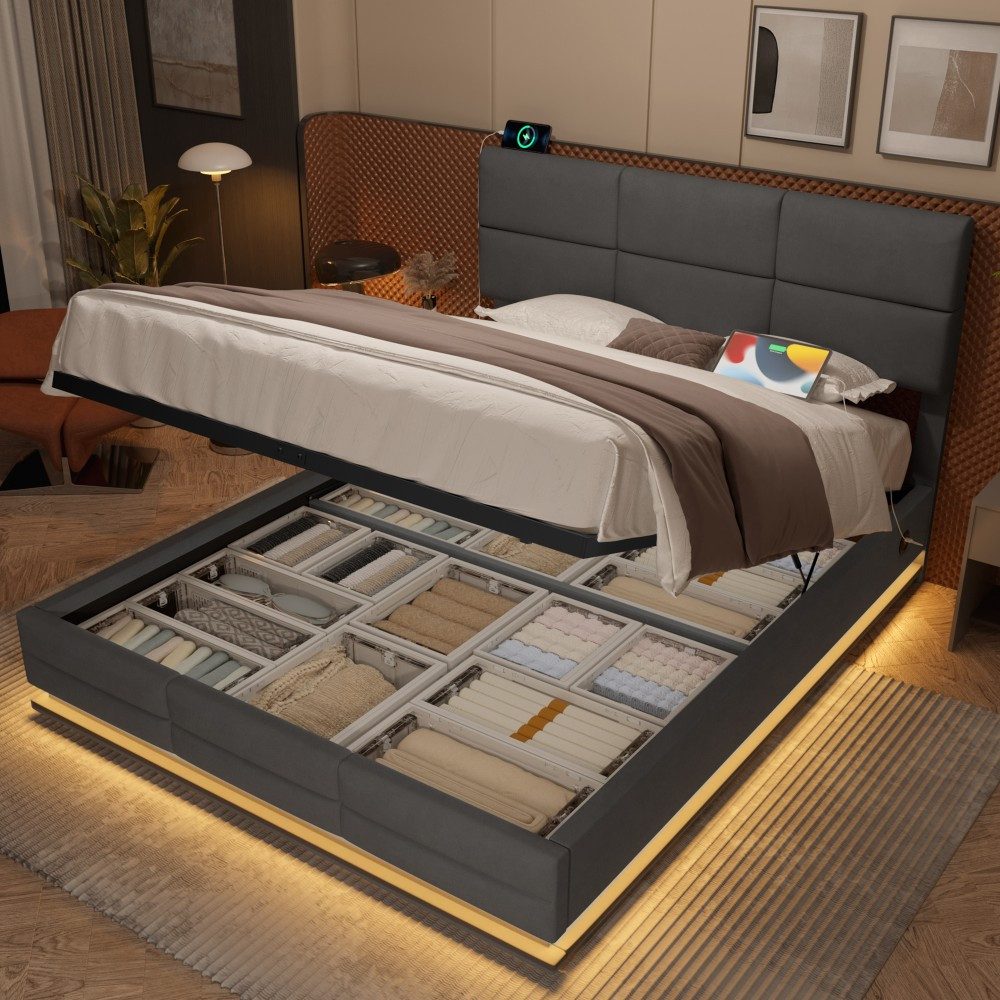 TavilaEcon Boxspringbett Modernes Polsterbett mit höhenverstellbarem Kopfteil & LED-Beleuchtung (1-St), mit USB-Anschlüsse, 90/140/160/180×200cm, beige/grau