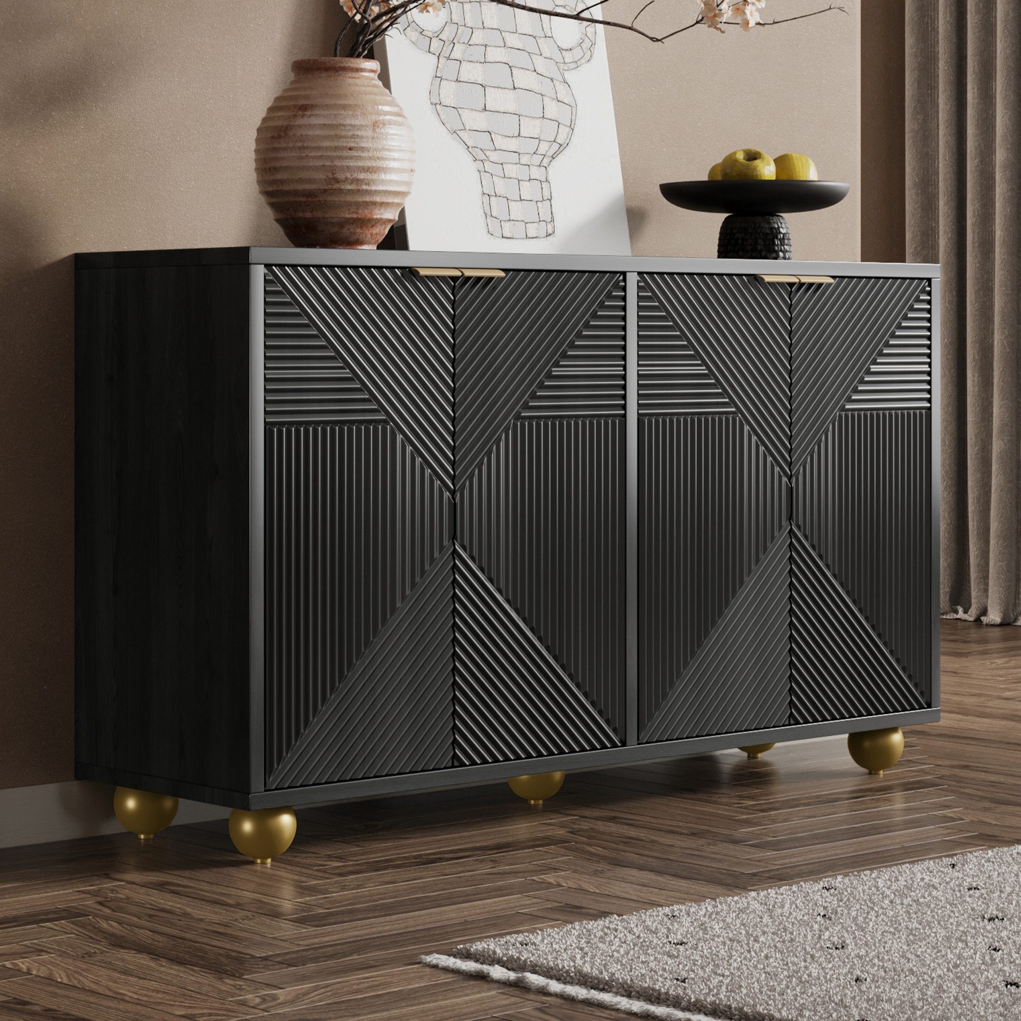 HAUSS SPOLE Sideboard mit verstellbaren Innenböden,Beistellschrank mit Metallgriffen,Schwarz (Aufbewahrungsschrank mit verstellbare Innenregale, aus hochwertigem MDF), für Ihr Wohnzimmer, Esszimmer oder Flur