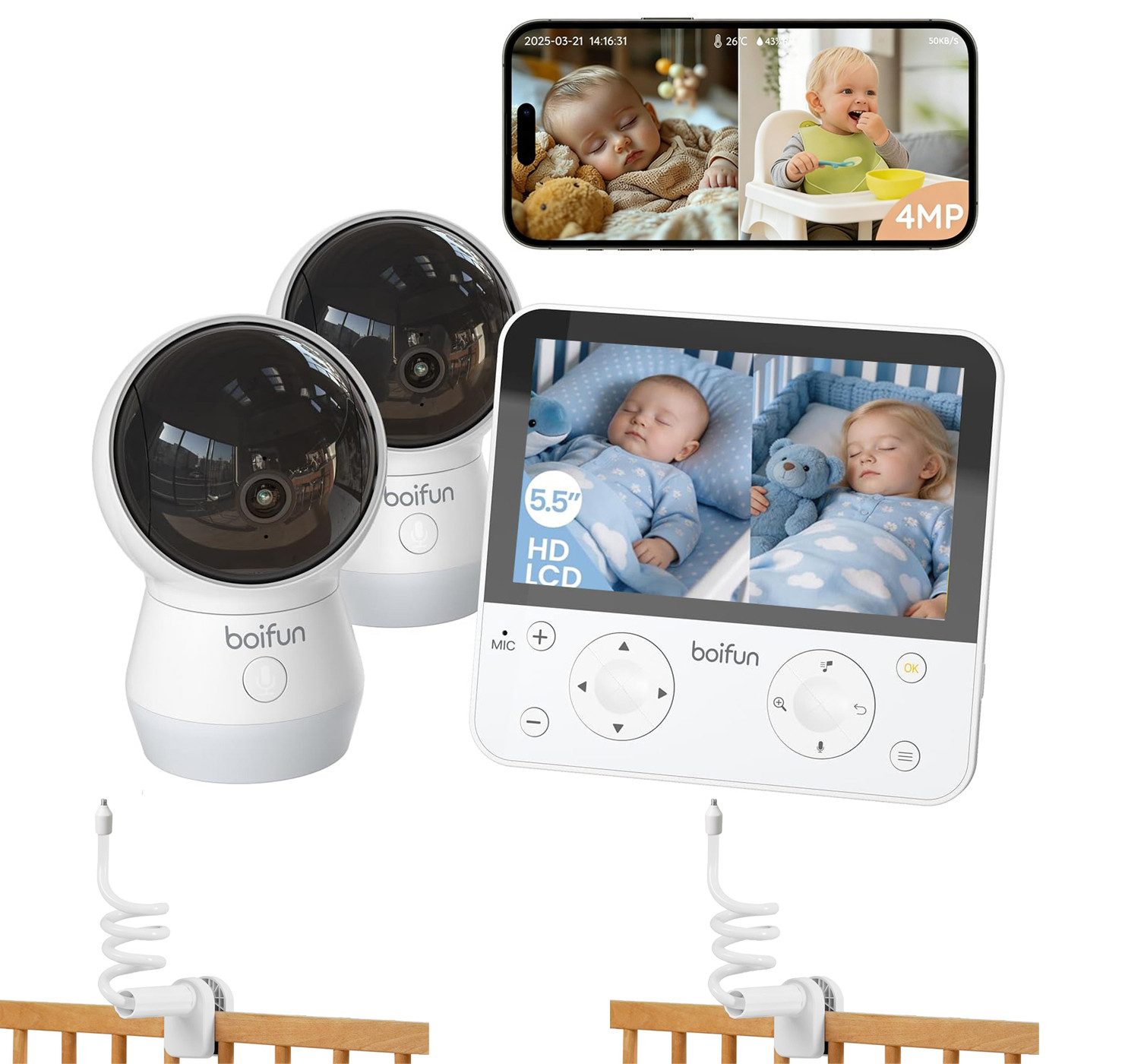 Boifun Babyphone 4MP Babyphone mit 2 Kameras App, Split-Screen-Ansicht, KI/Weinen/Bewegungs/Geräuscherkennung, Intelligente Nachtsicht, Automatische Verfolgung, PTZ 345°/65°, 5.5" Video Babyfon WLAN, geteiltem Bildschirm, Schwenk-Neige-Zoom-Funktion
