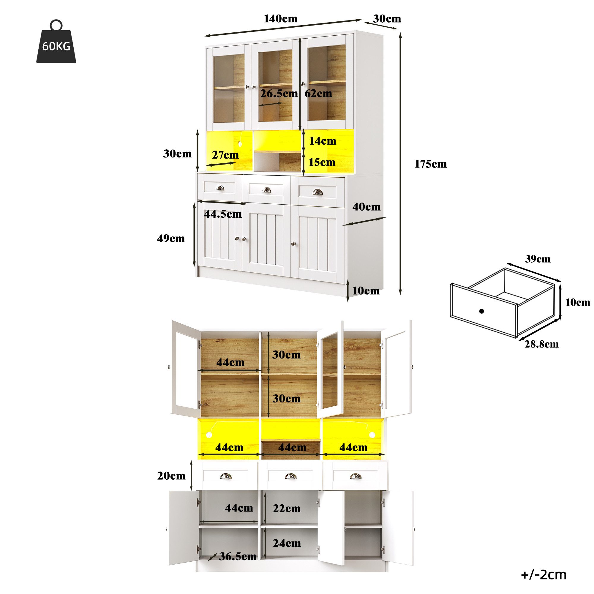 Flieks Küchenbuffet mit LED-Beleuchtung und verstellbaren Einlegeböden (1-St., B140/T40/H175 cm) Hochschrank Küchenschrank Geschirrschrank mit Schubladen und Ac – Bild 5 von 5
