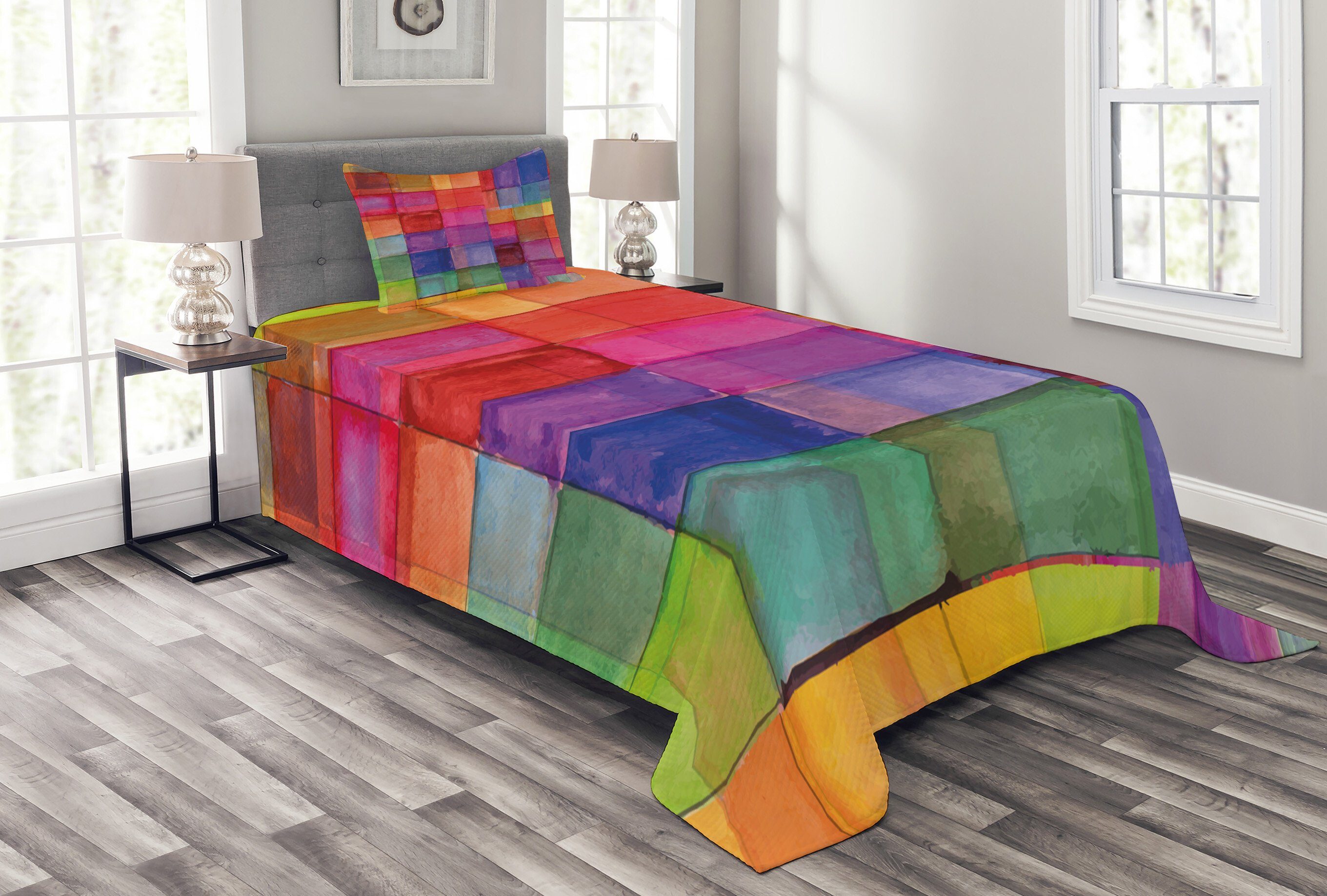 Tagesdecke Set mit Abstrakt Waschbar, Regenbogen-Farben-Quadrate Kissenbezügen Abakuhaus
