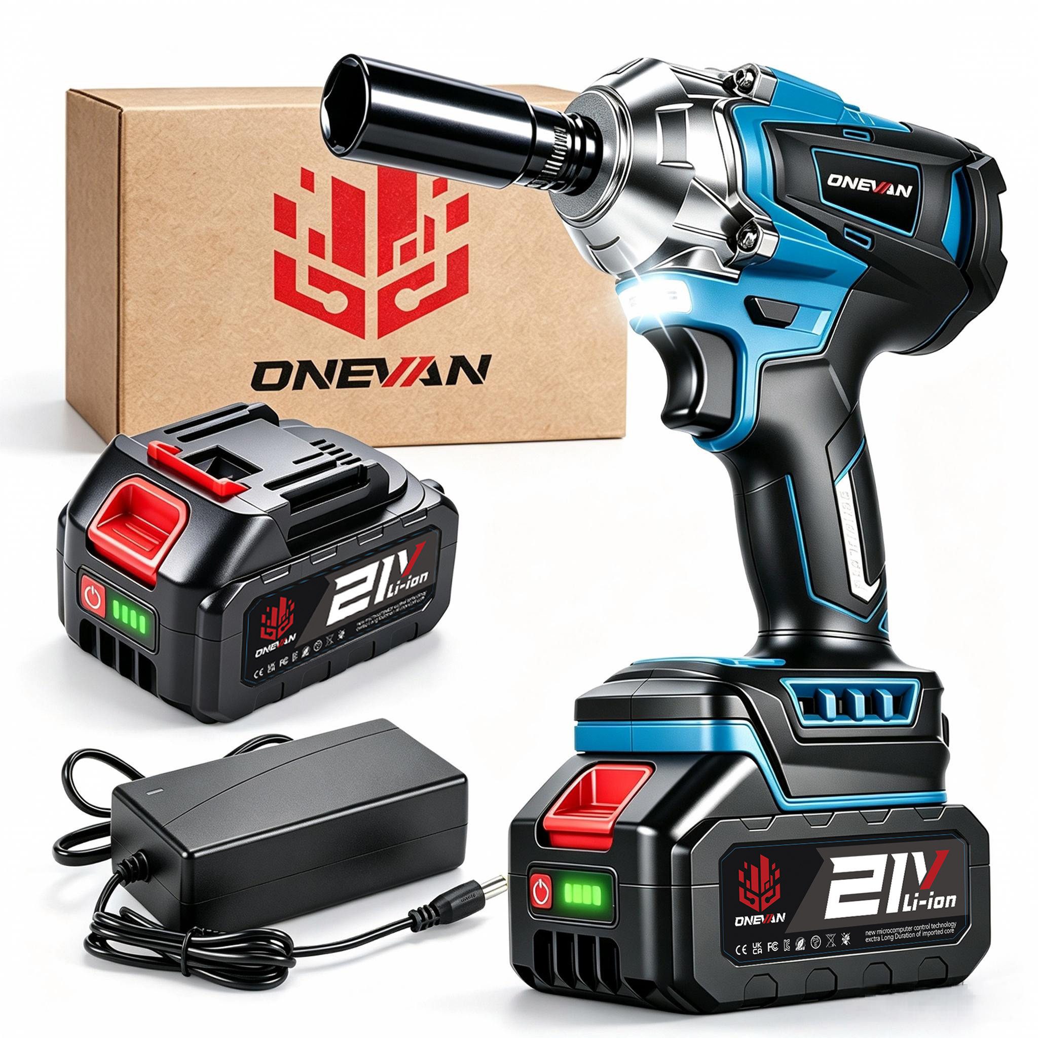 ONEVAN Akku-Schlagschrauber 1/2 Zoll Bürstenloser Motor, 1200Nm Drehschlagschrauber, mit einstellbarem Drehmoment und 2xLithium Batterien
