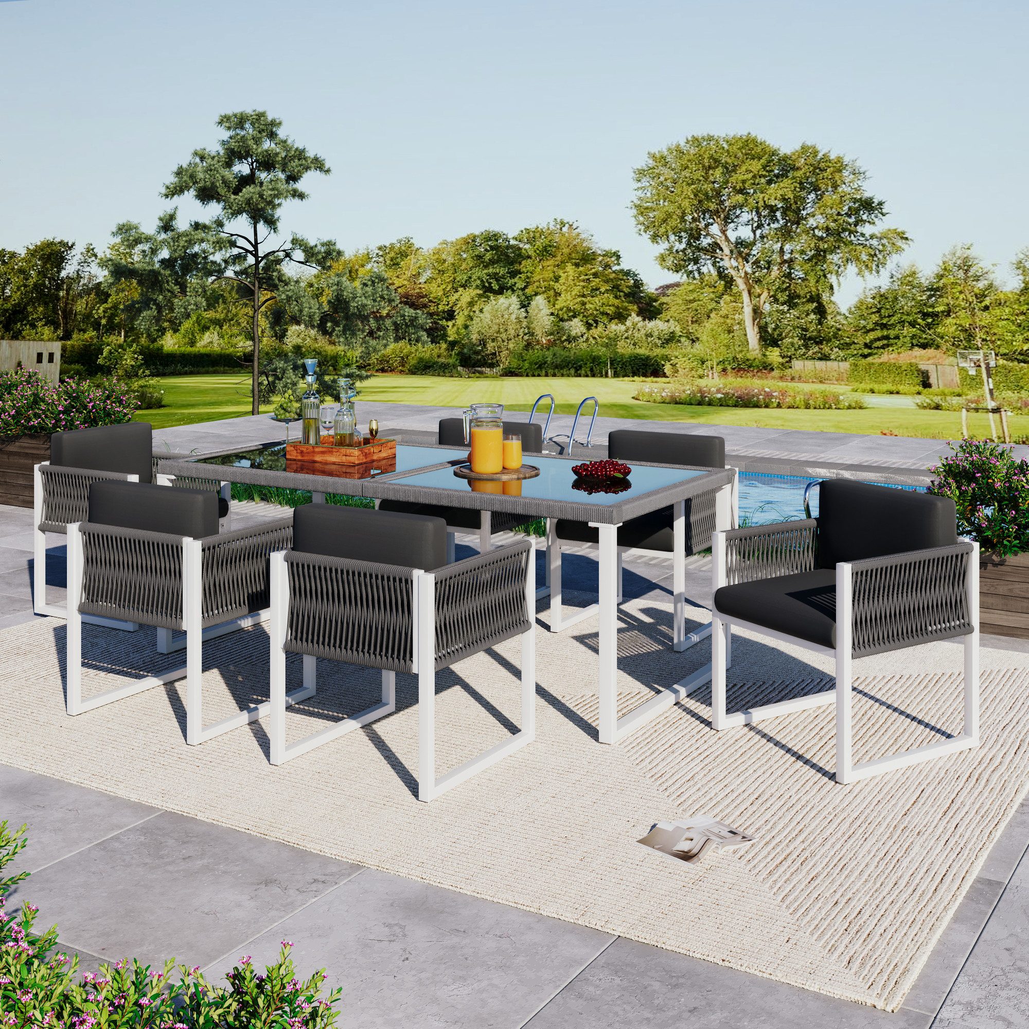 Merax Sitzgruppe aus Seil, (7-tlg., Gartenlounge Terrassenmöbel Gartengarnitur), 6-Sitzer Gartenmöbel-Set mit Sessel & Tisch mit gehärteter Glasplatte