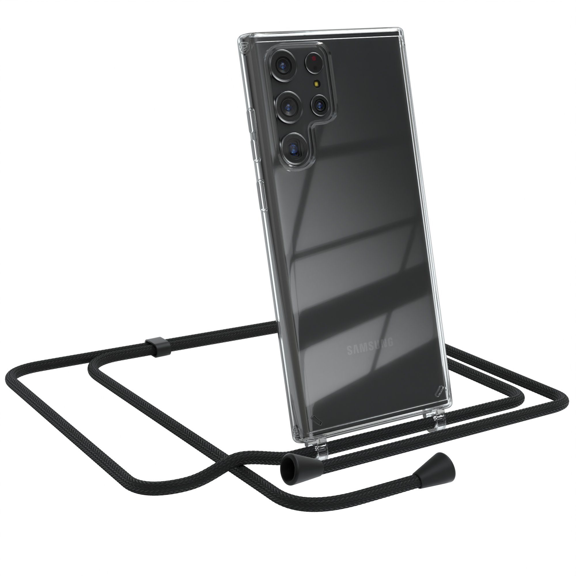 EAZY CASE Handykette Kette Clips Schwarz für Samsung Galaxy S22 Ultra 6,8 Zoll, Slimcover mit Umhängeband Case Handytasche Clear Backcover Schwarz