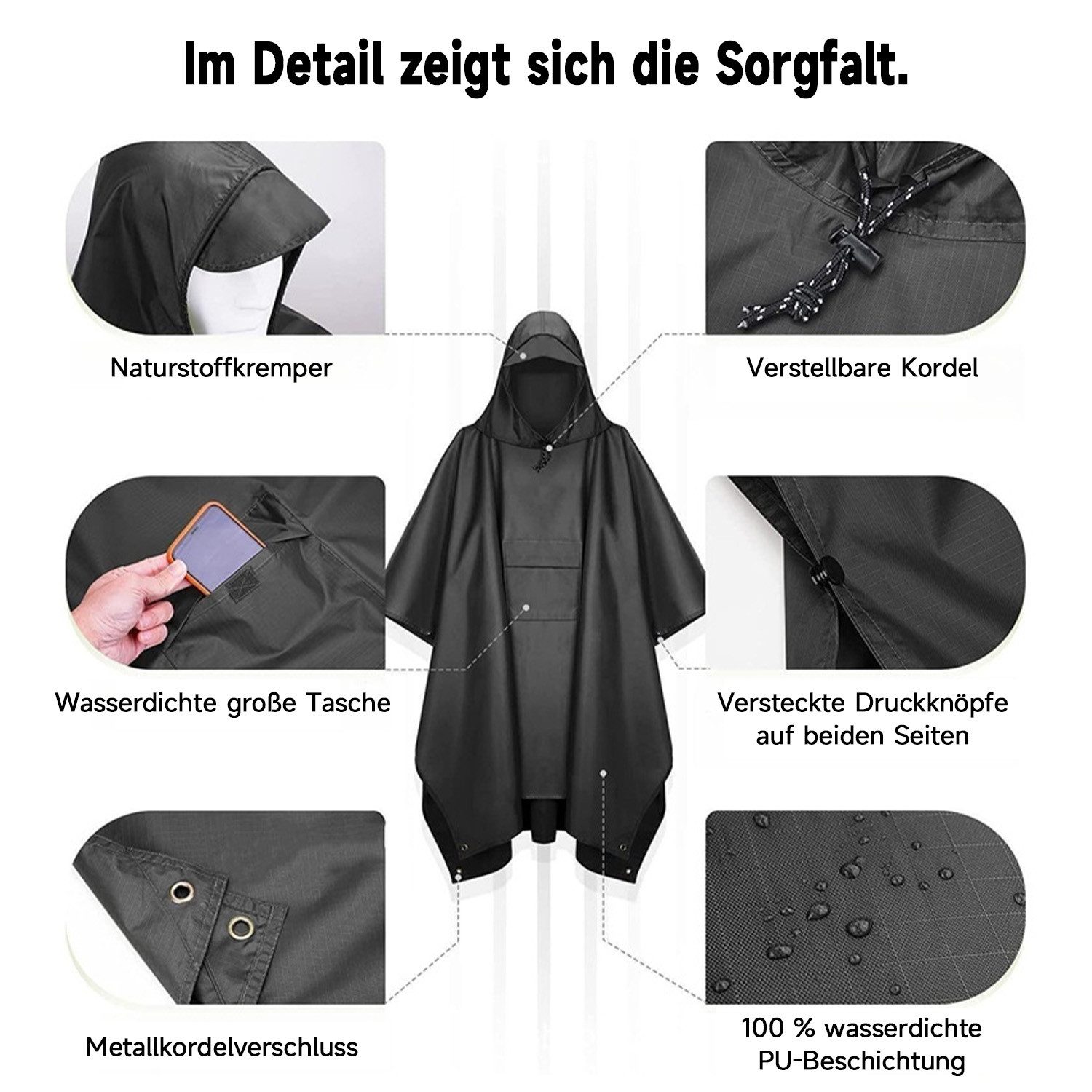 MOPUEA Regenmantel Regenponcho Regenjacke Wasserdicht Größe Regenponcho160×210 cm (Leicht, Faltbar) 3-in-1 Outdoor Poncho mit Kapuze und Tasche – Bild 4 von 5