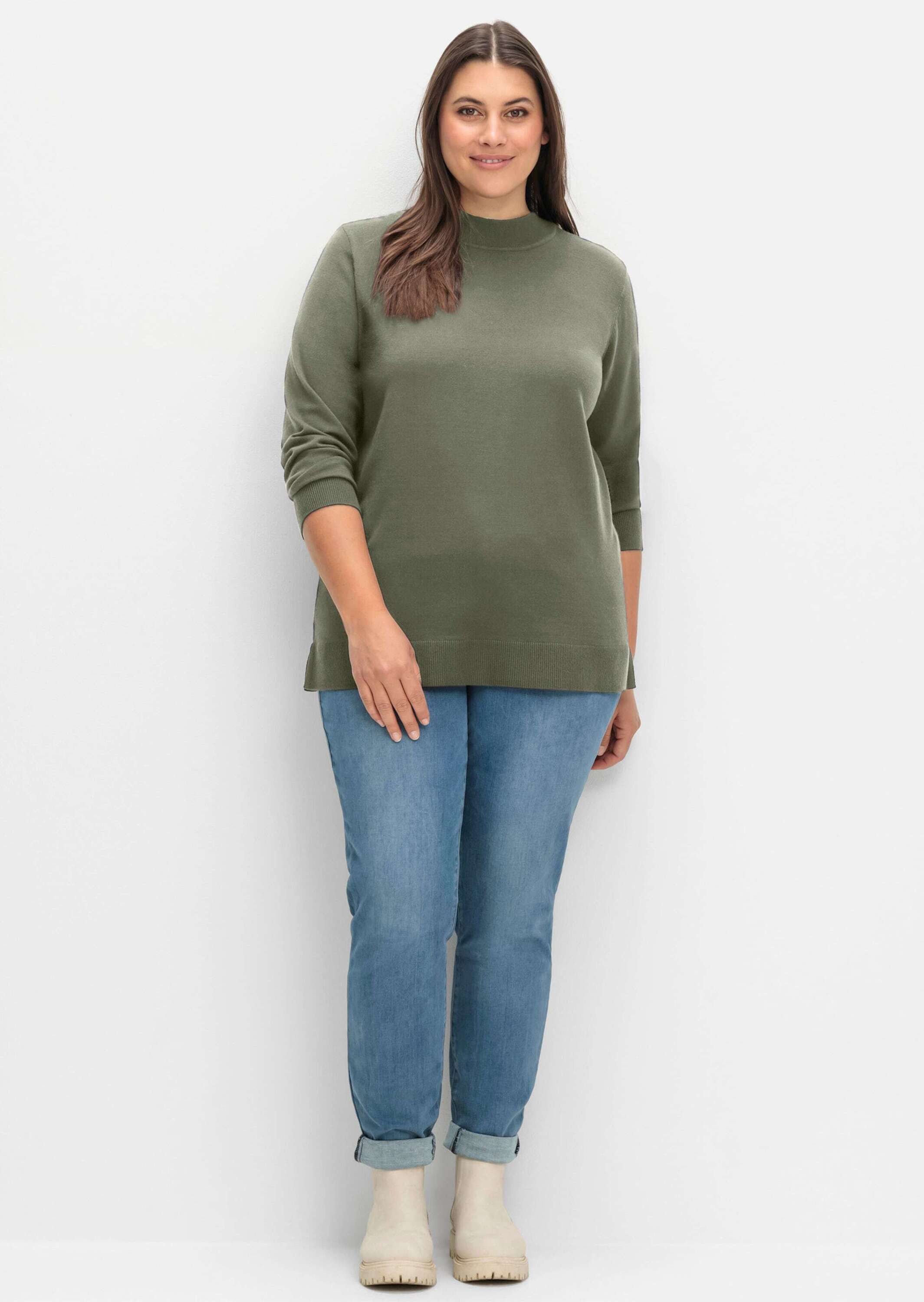 Sheego Strickpullover Strickpullover Langarm mit geripptem Stehkragen und Seitenschlitzen