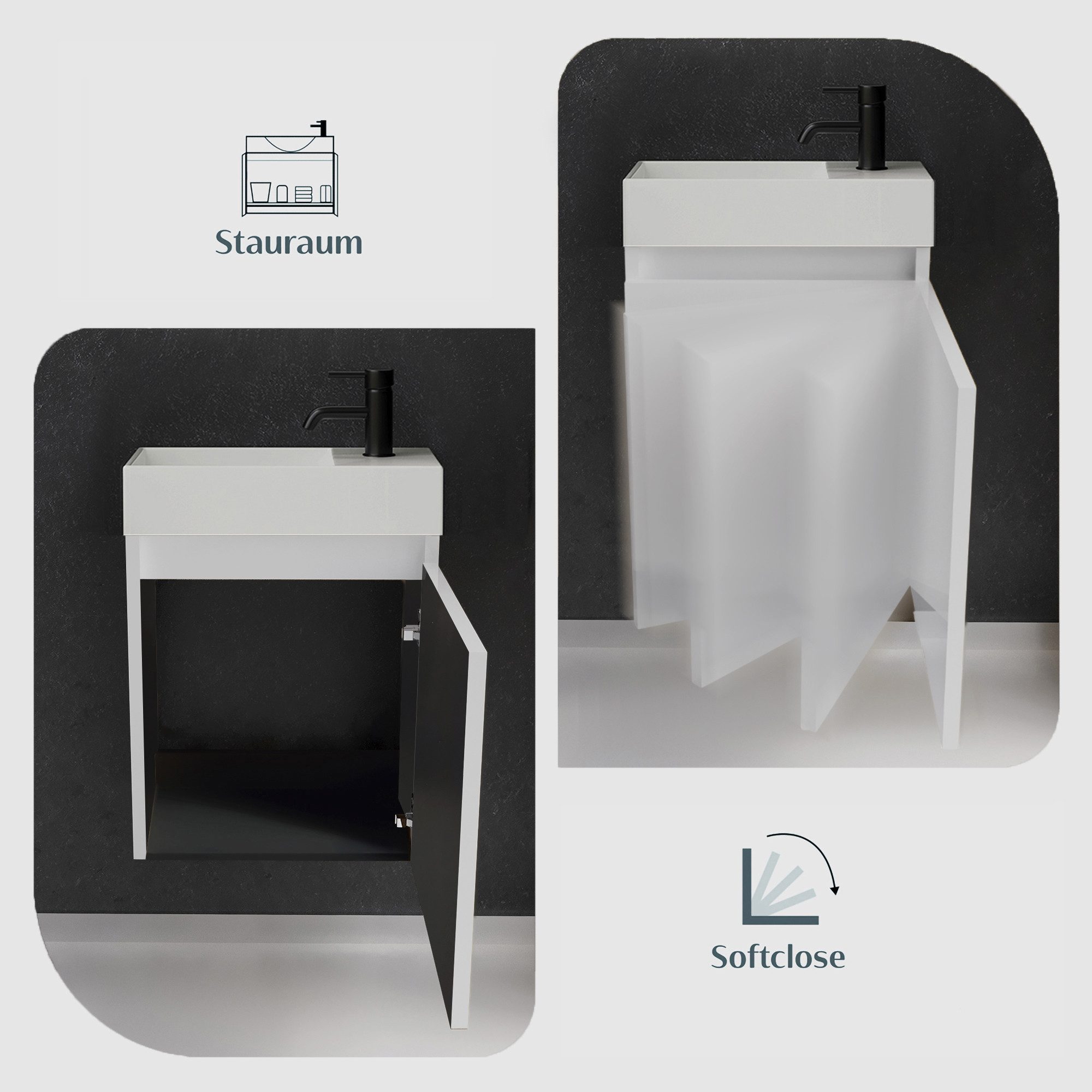 Alpenberger Badmöbel-Set Gäste WC Waschbecken mit Unterschrank - Badschrank Hängend, (2-tlg. Waschtisch Set Weiß, Waschbeckenunterschrank mit Softclose), Waschp – Bild 4 von 5