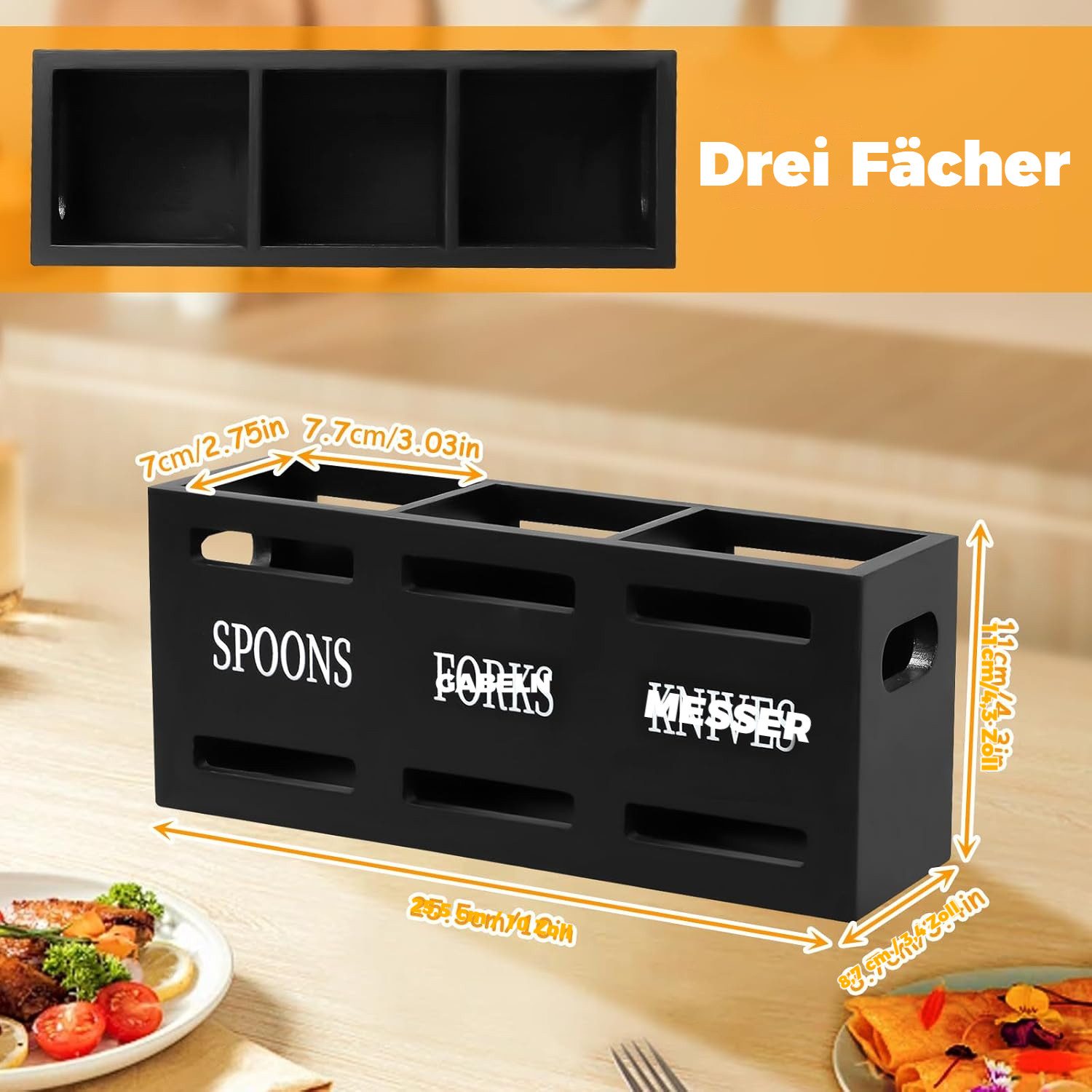 BlingBin Besteckhalter 3-fach Besteckorganizer aus Holz, großer Utensilienkorb, (1er Set, 1-tlg., 25 × 9 × 11 cm), für Messer, Gabeln, Löffel und Küchenwerkzeuge