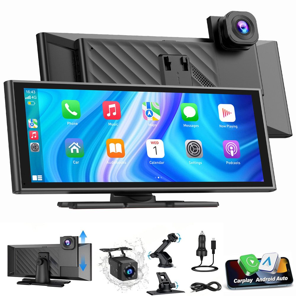 ESSGOO 10,26 Zoll 4K+1080P Apple Carplay Android Auto BT Dashcam Autoradio Dashcam (HD, Tragbar Autoradio Rückfahrkamera IPS Touchscreen GPS Navi FM AUX)