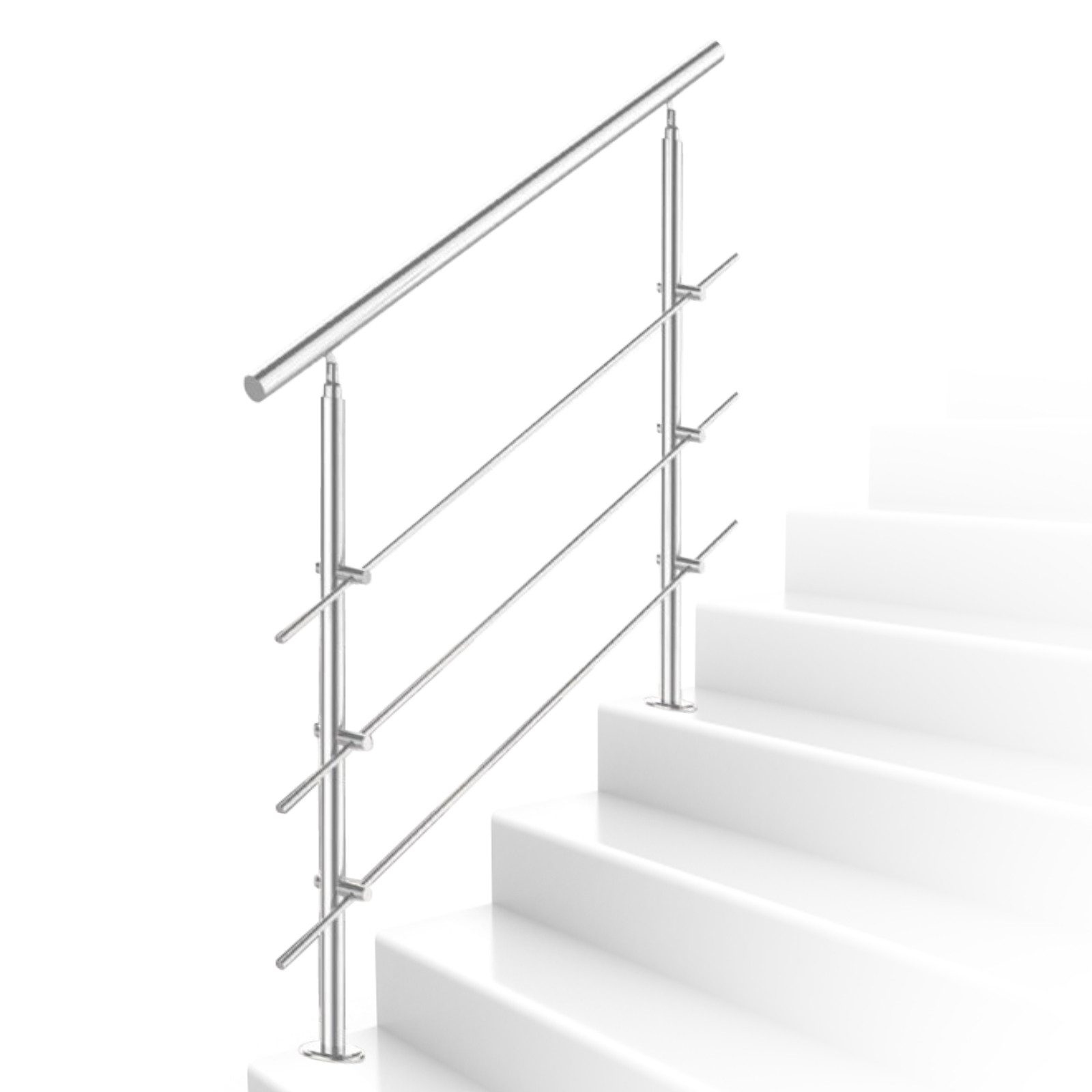 Clanmacy Treppengeländer Edelstahl Ø 42mm für Innen&Außen Treppenhaus 80 -160cm 0-5 Querstäbe, 100 cm Länge, mit 3 Pfosten, für Brüstung Balkon Garten