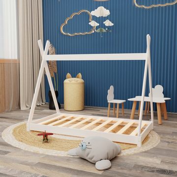 HAGO Kinderbett Montessori Kinderbett 160x80cm weiß Tipi Spielbett Zeltform Holz boden
