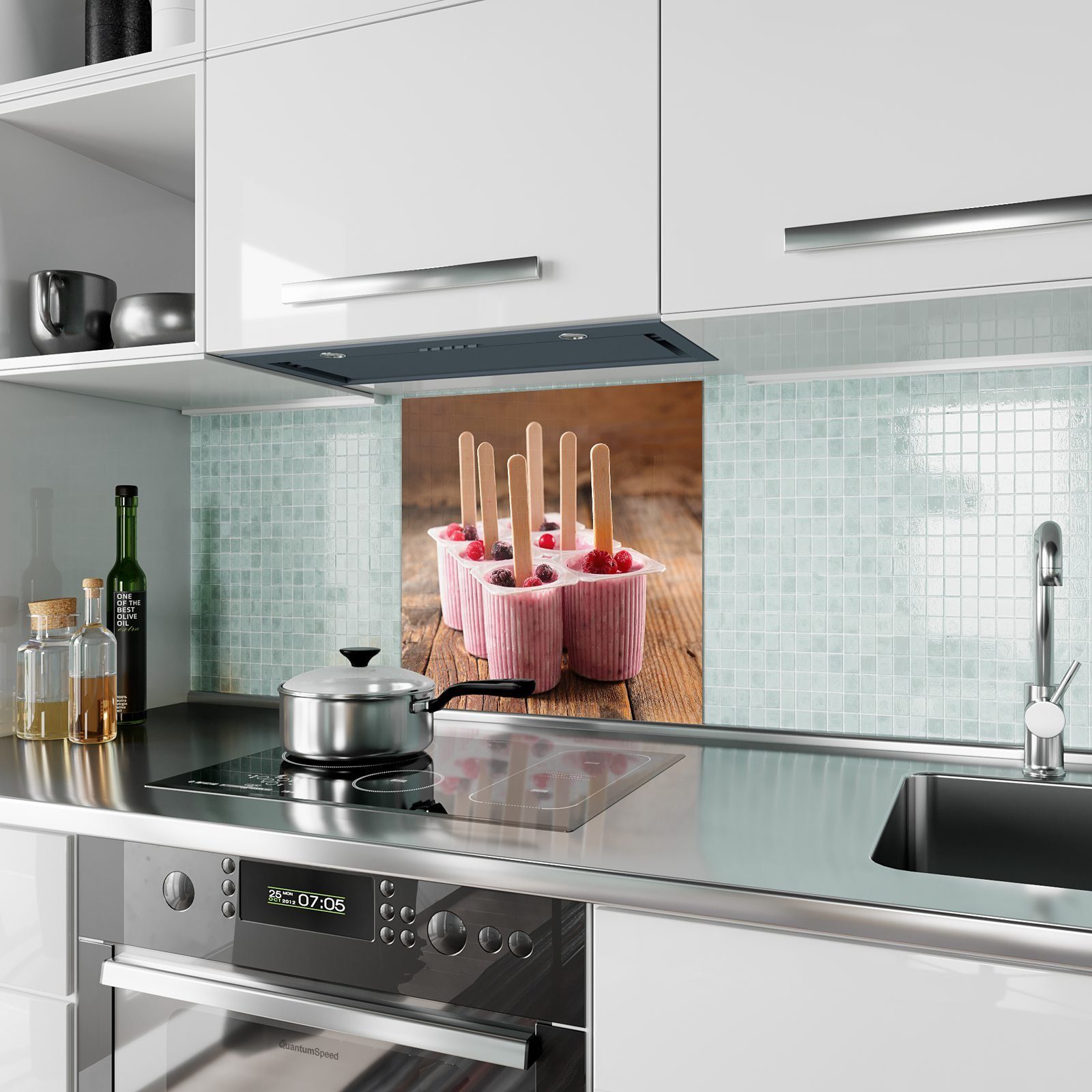Küchenrückwand Stengel Küchenrückwand Primedeco Motiv mit Joghurt Glas in Eis Spritzschutz
