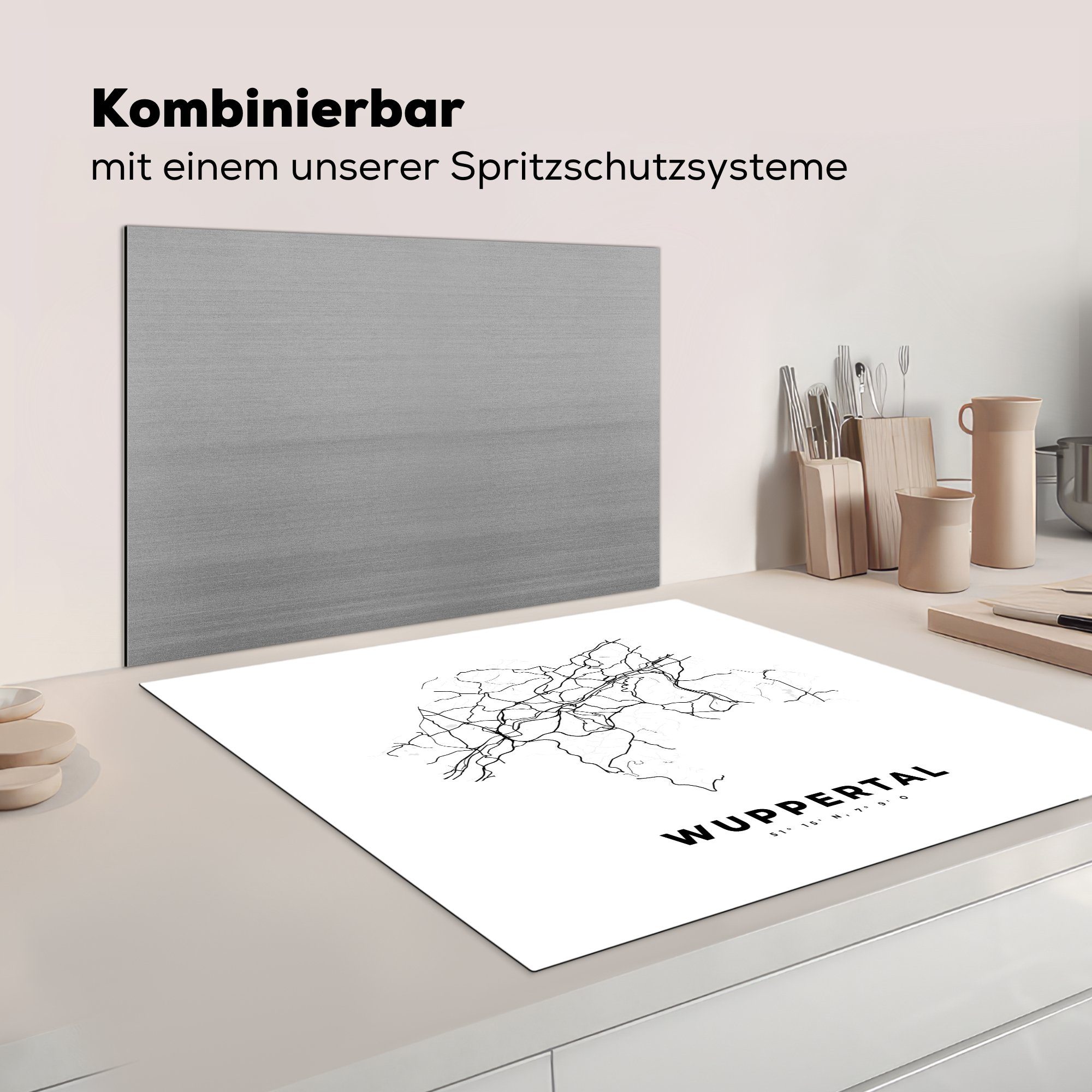 MuchoWow Herdblende-/Abdeckplatte Stadtplan - - Vinyl, Schwarz-weiß - (1 küche - Wuppertal Karte, 78x78 cm, für tlg), Arbeitsplatte Deutschland Ceranfeldabdeckung
