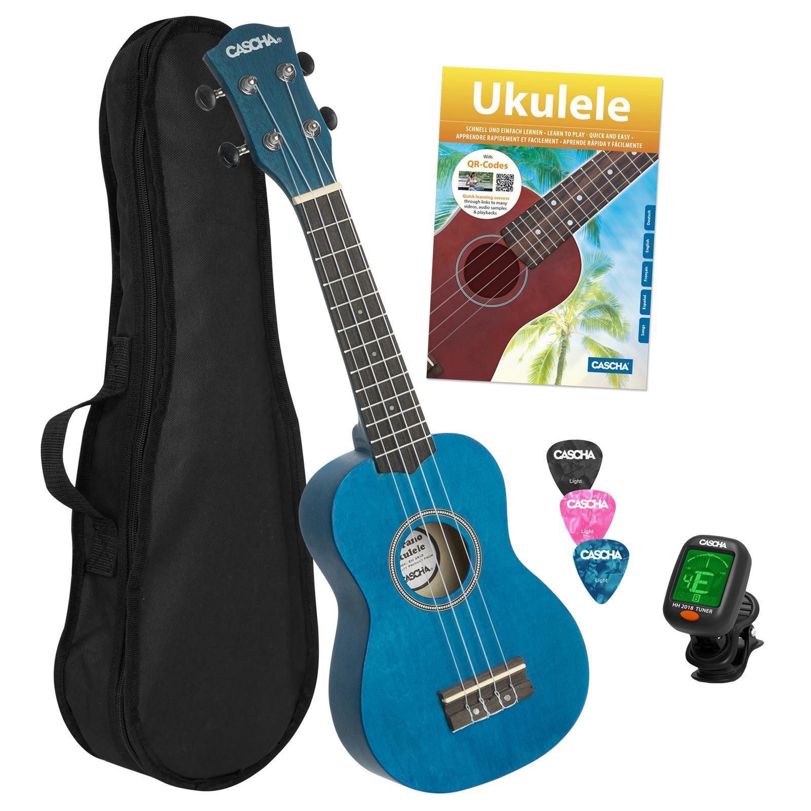 Cascha Ukulele Cascha HH 3971 Ukulele-Bundle Blau, Bundle, Komplett mit Tasche, Stimmgerät, Lernbuch und Plektren