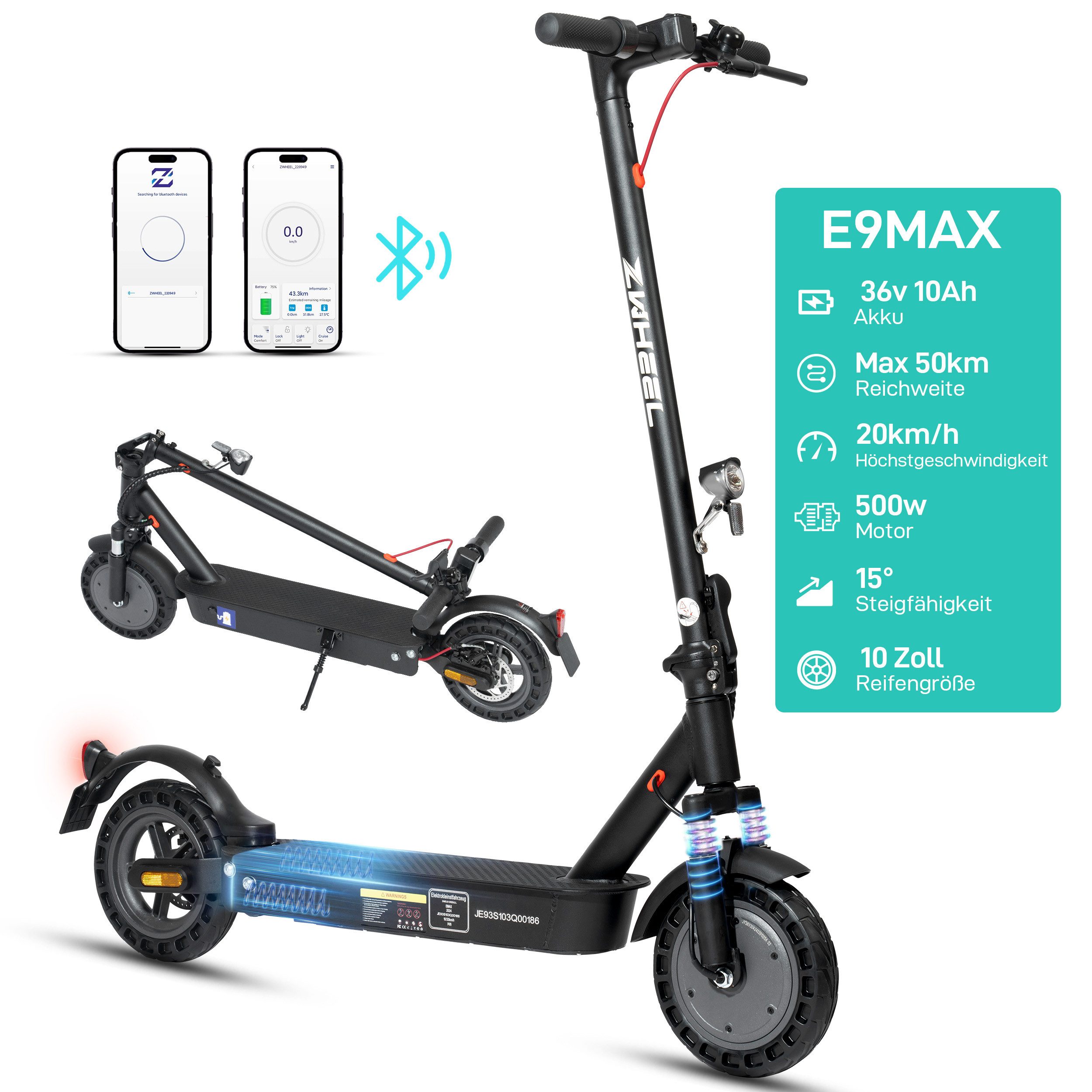 ZWHEEL E-Scooter 10'' E-roller mit Straßenzulassung, 50km Reichweite, klappbar, mit APP, 500 W, 20 km/h, (mit Schutzblechen, 10'' Vollreifen, Duales Bremssystem, mit ABE), Vollfederung, Elektroroller mit Stoßdämpfer vorne und hinten