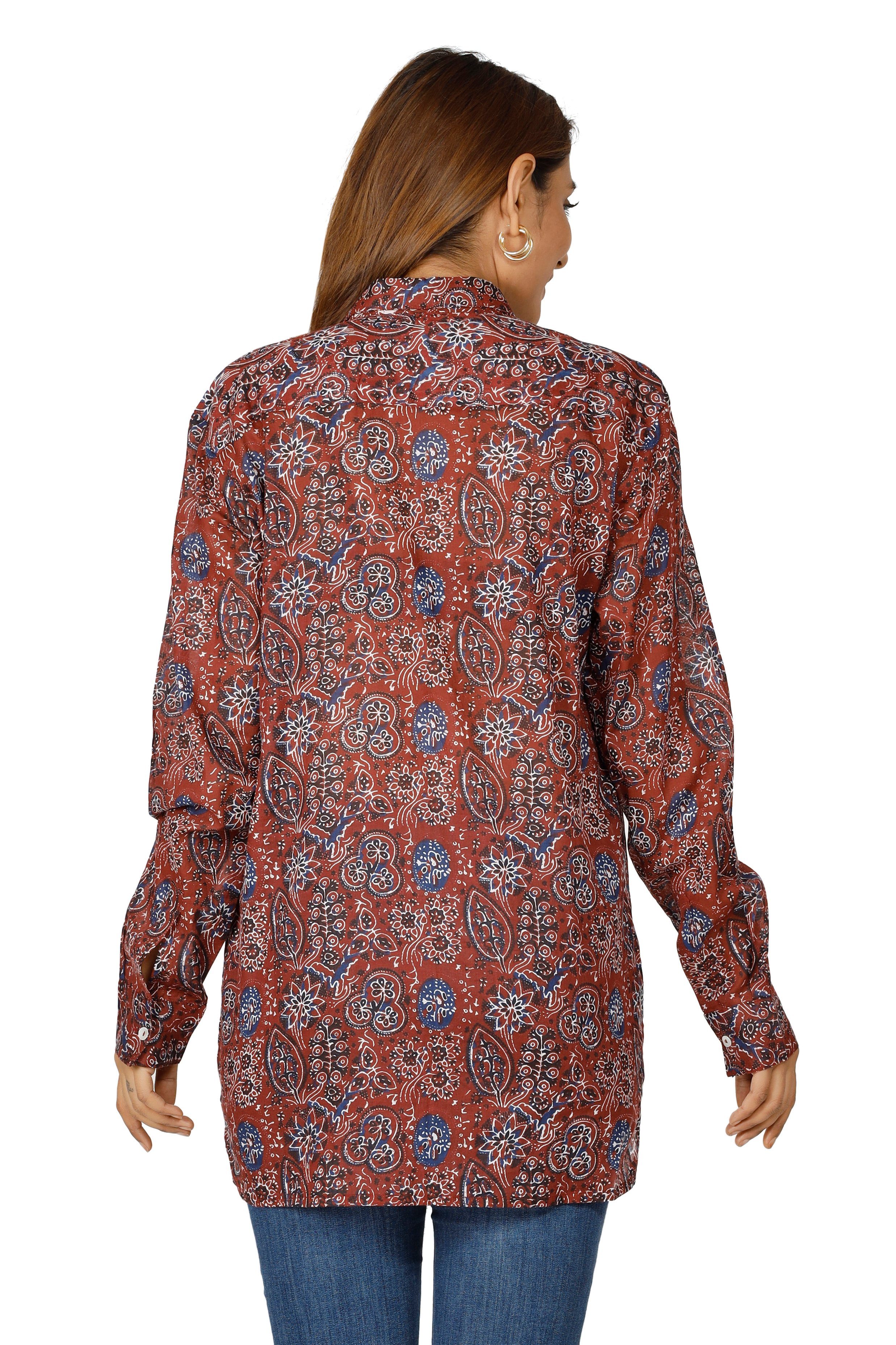 Guru-Shop Longbluse Langarmhemd, rostrot luftiges.. Handbedrucktes Boho Bekleidung alternative