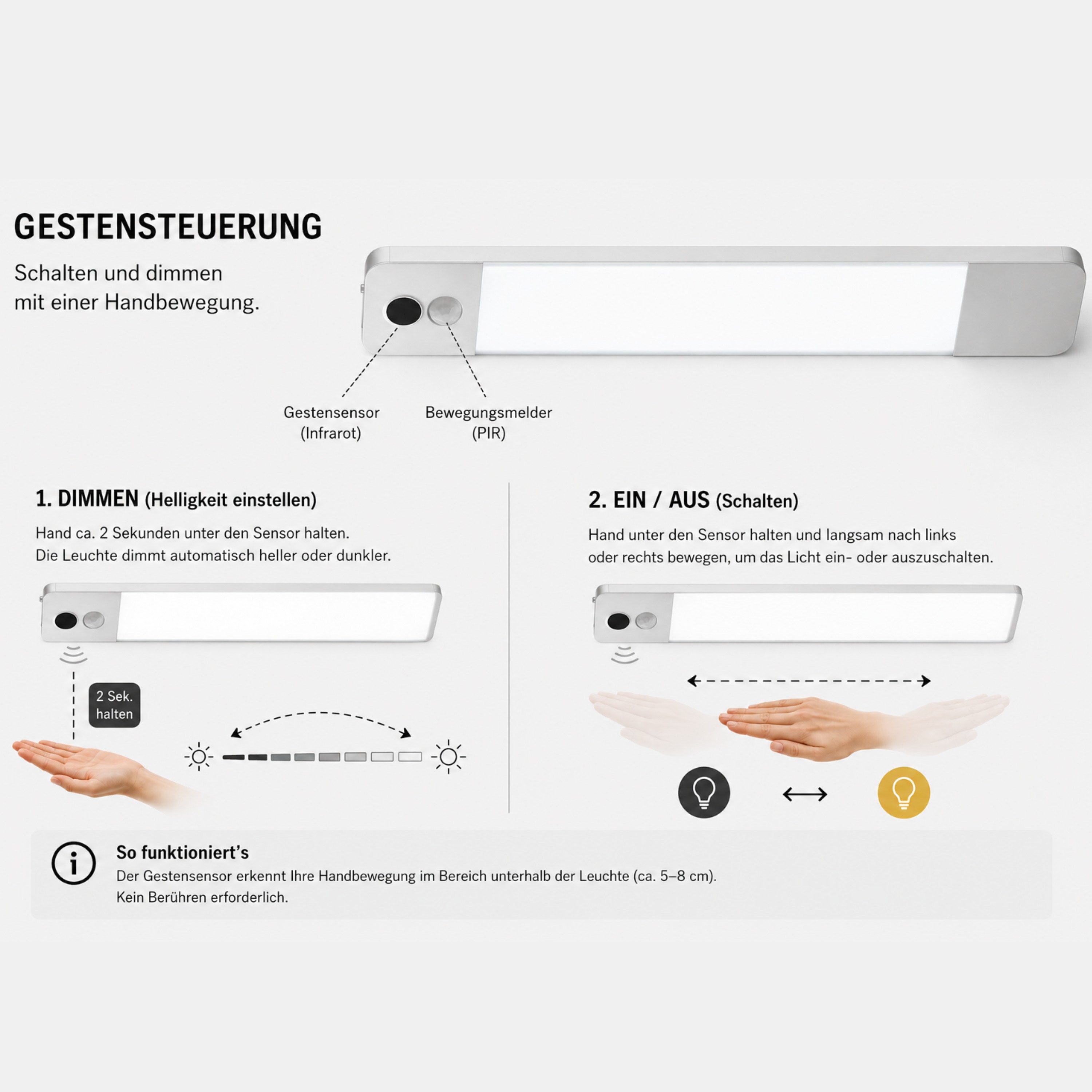 Hanseatic LED Unterbauleuchte / Schrankbeleuchtung / Lichtleiste LUBLUGHK223, Bewegungsmelder, Dimmfunktion, Ein-/Ausschalter, Sensorschalter, LED fest integriert, Neutralweiß, Akkubetrieb, 4000 K