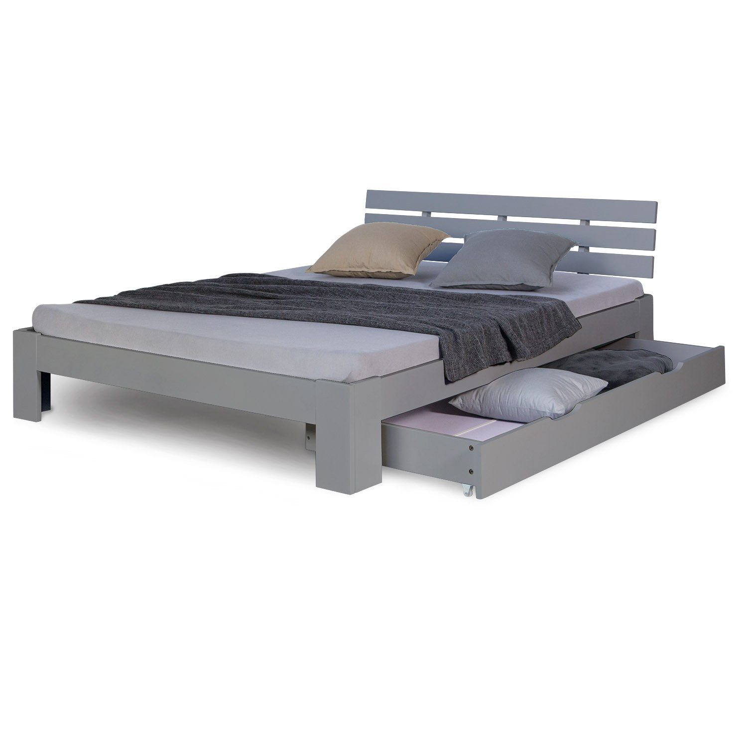 Homestyle4u Holzbett 140 x 200 cm mit Lattenrost und Bettkasten in Grau 225 günstig online kaufen