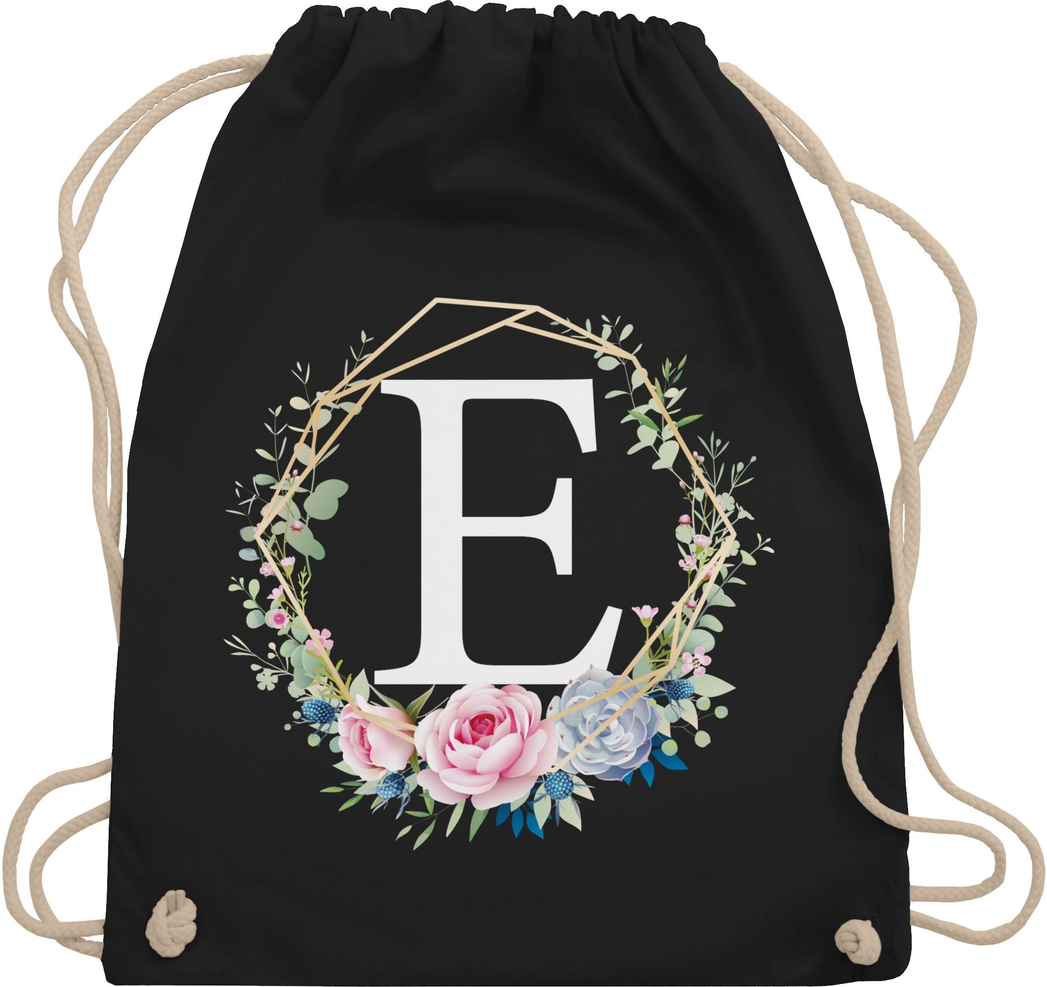 Shirtracer Turnbeutel Blumenkranz mit Buchstabe E, Geschenk Taschen Initialen Shopper Baumwolle
