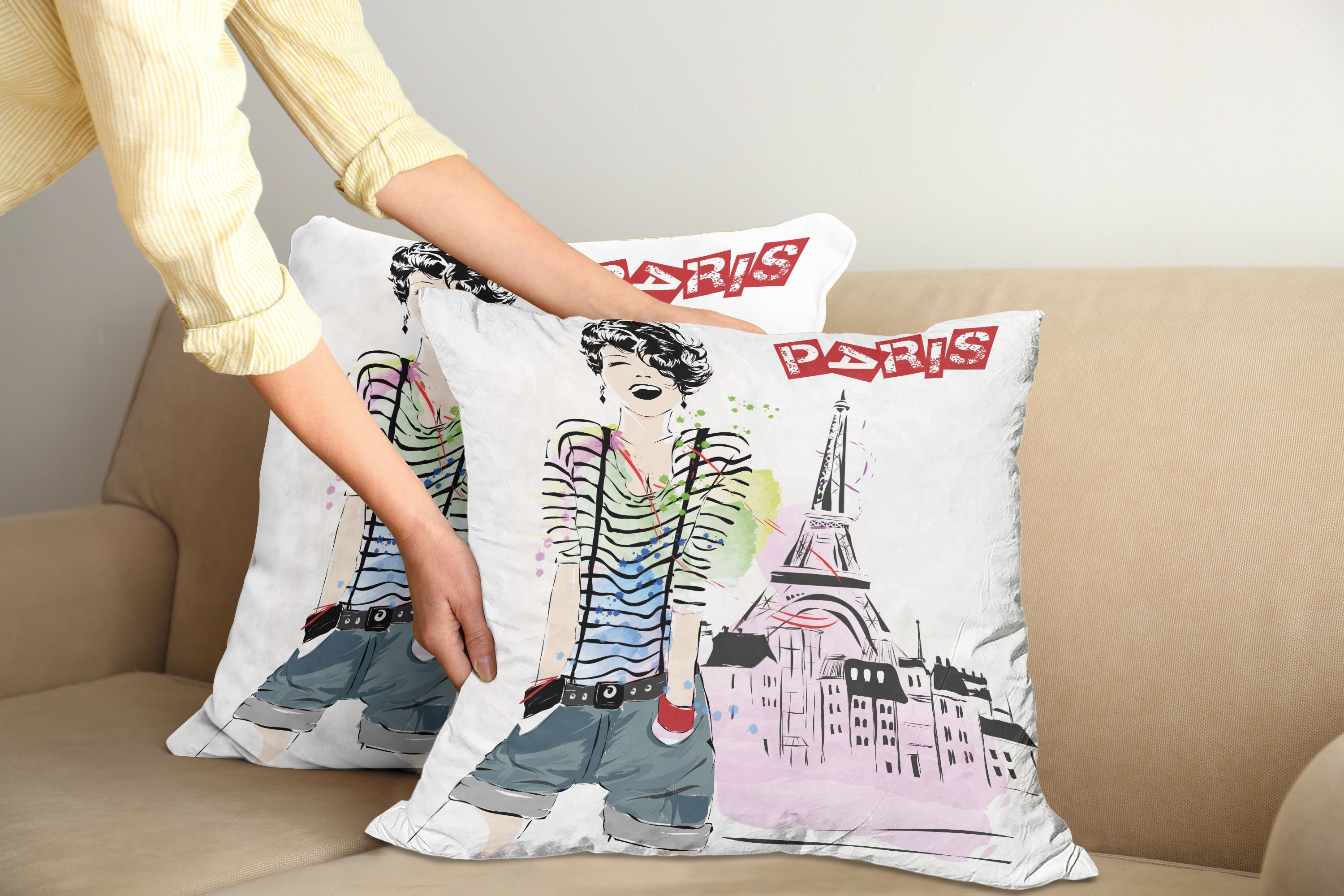 Kissenbezüge Modern Accent Doppelseitiger Digitaldruck, Abakuhaus (2 Eiffelturm Stück), Glückliches jugendlich Mädchen