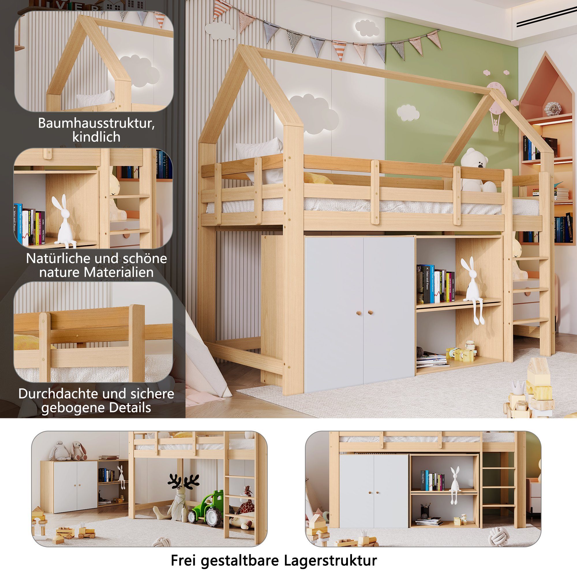 Hausbett SOFTWEARY inkl. Hochbett mit Lattenrost Einzelbett, Kiefer (90x200 cm) Kinderbett Rausfallschutz,