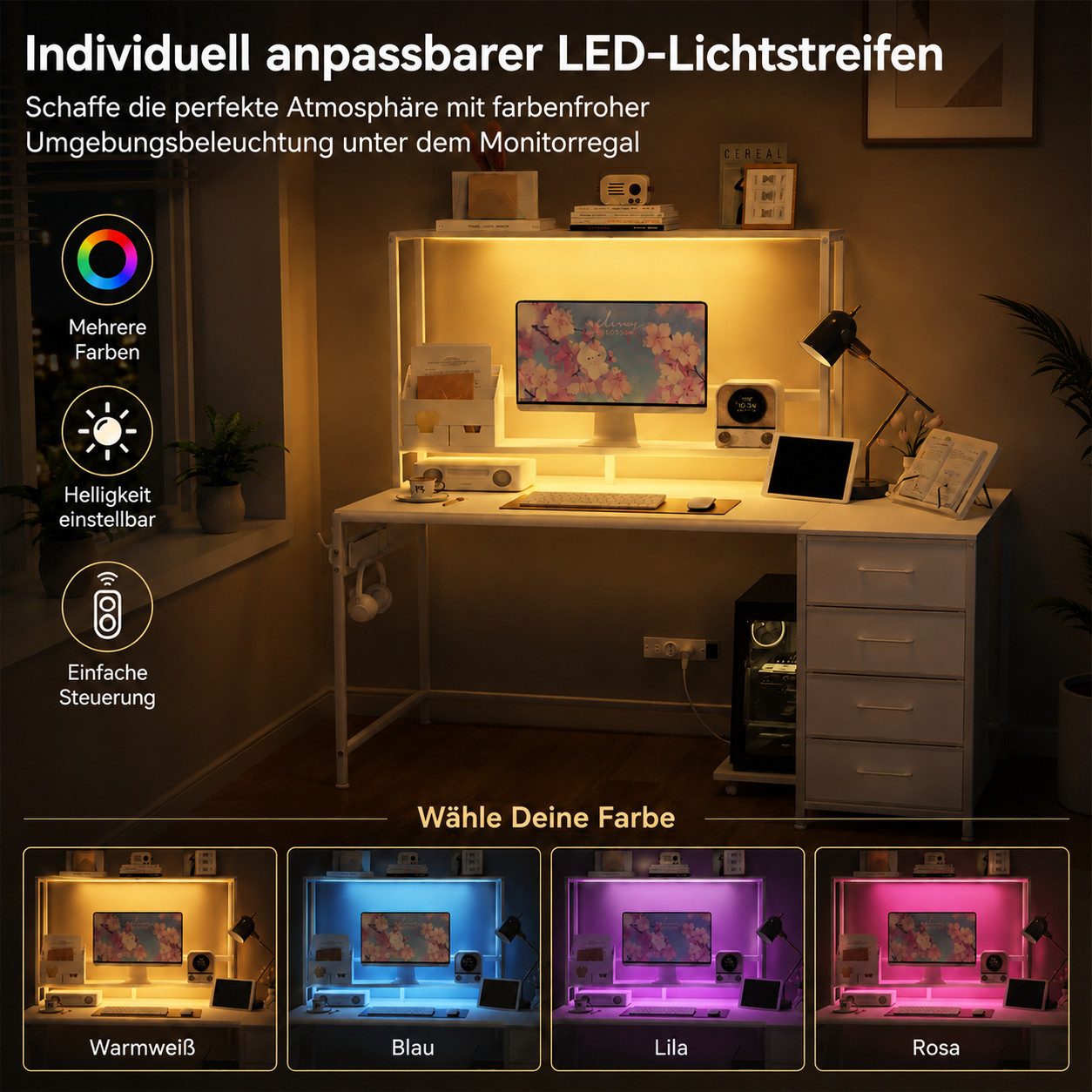 Yorbay Eckschreibtisch L-Form 140 cm mit 4 Schubladen & Steckdose, Computertisch mit USB, LED, Regal – für Gaming & Home Office – Bild 5 von 5