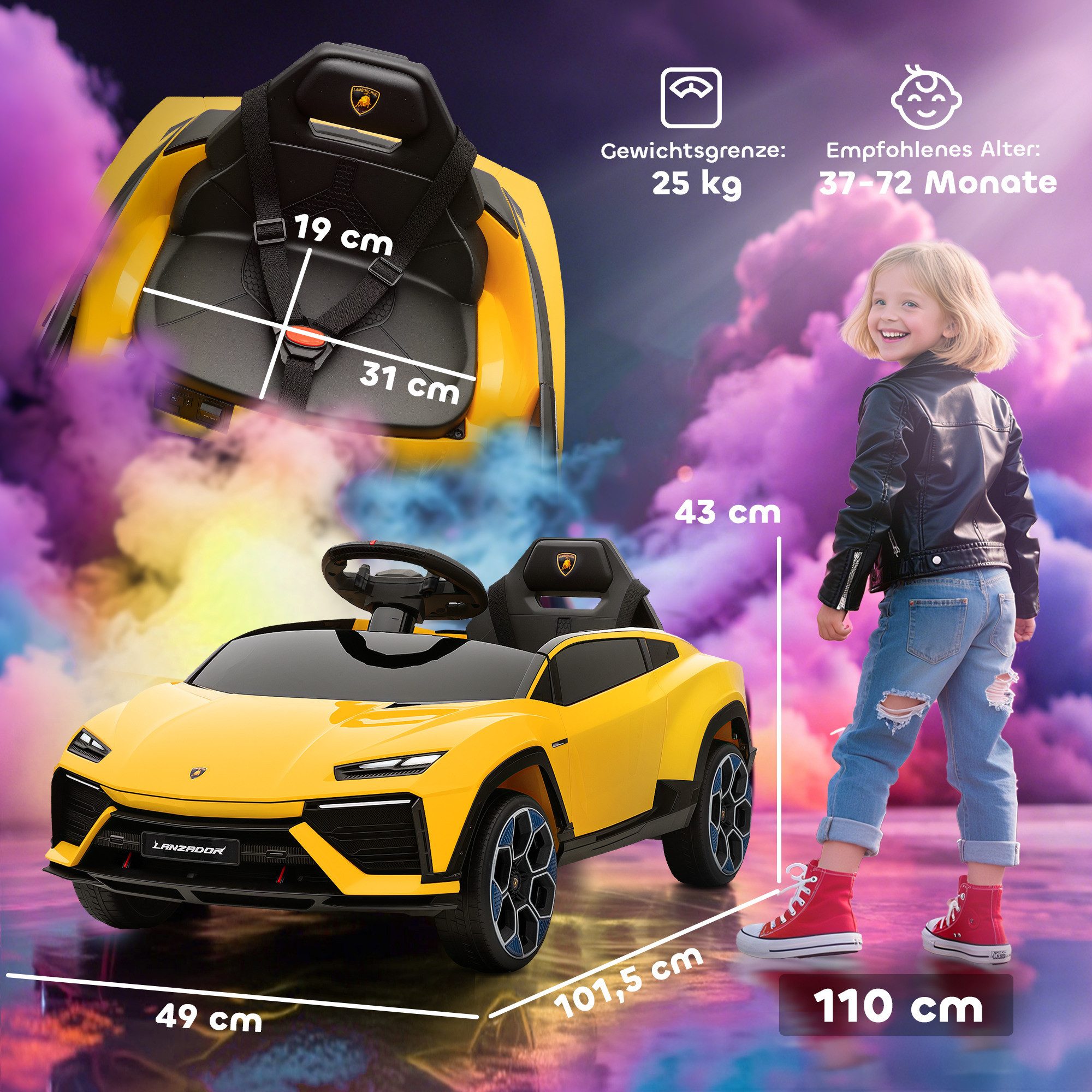 AIYAPLAY Elektro-Kinderauto 12V Lamborghini mit 2,4G Fernbedienung, USB/MP3-Anschluss, Belastbarkeit 25 kg, (1-tlg), mit Hupe, LED, Musik, Sanftstart, für 3–6 Jahre Kinder, Gelb