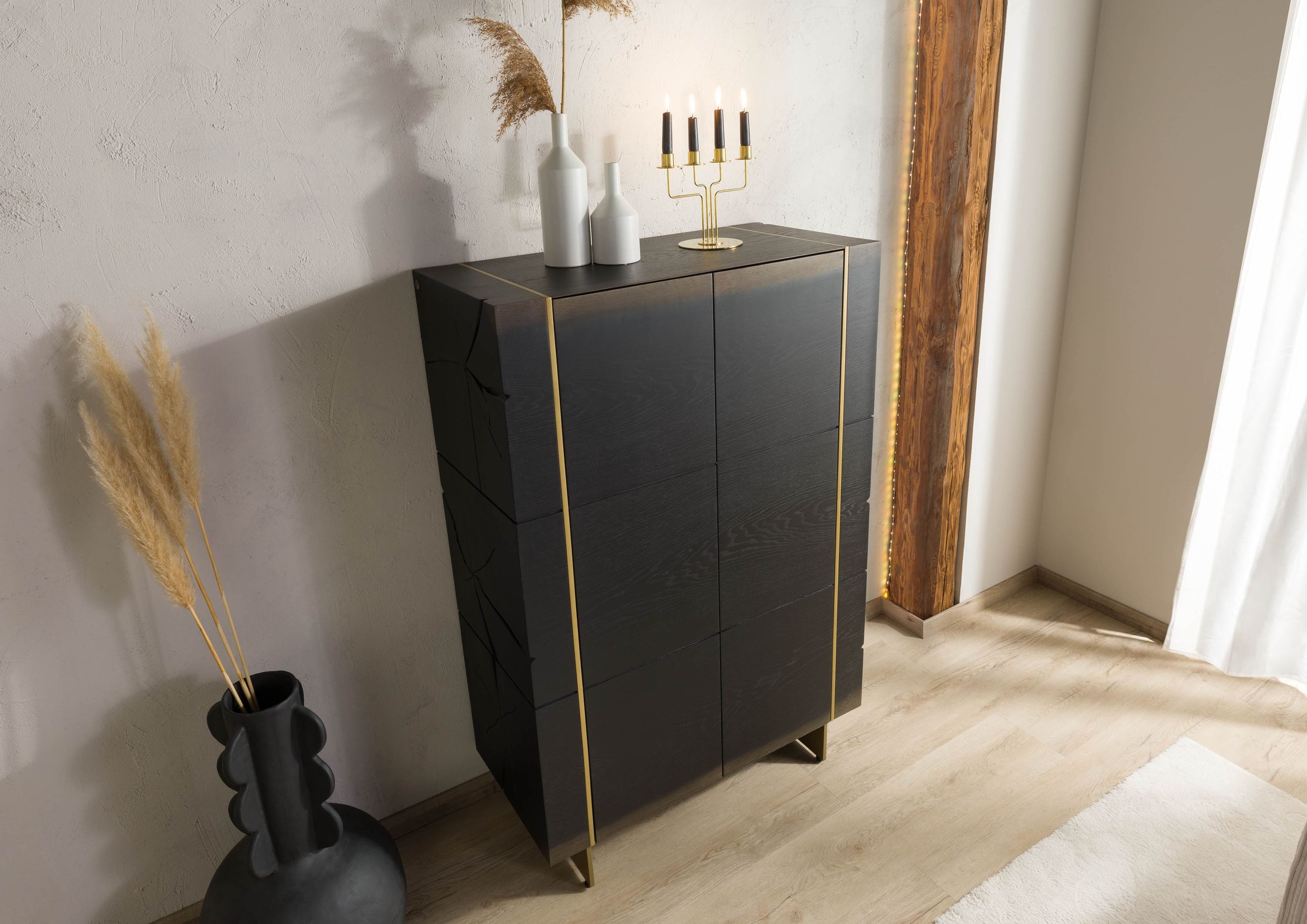 Massivmoebel24 Highboard BEAMS (Massivholz), Eiche 94x45x142 dunkelbraun lackiert BEAMS #70