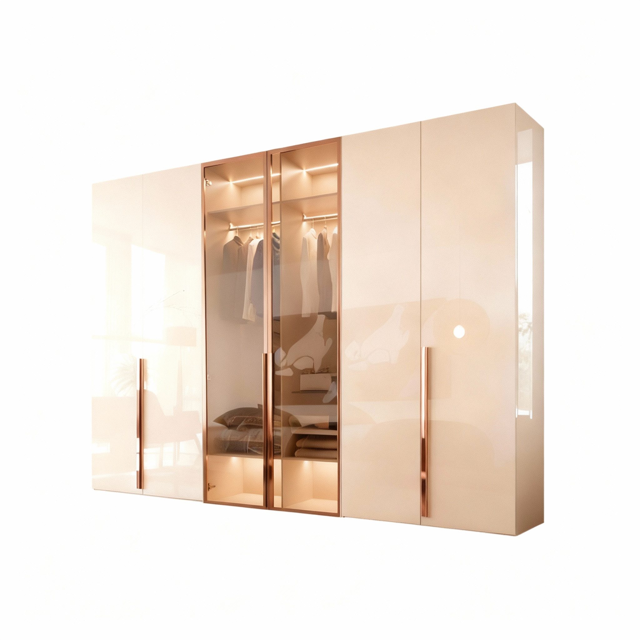 Palms-Store Kleiderschrank Drehtürenschrank Capdown, 6-türig, Hochglanz, mittig mit Glasrahmentür (Spar-Set) Maße ca. Breite: 300cm, Tiefe: 62cm, Höhe: 218cm, inkl. Zubehörpaket