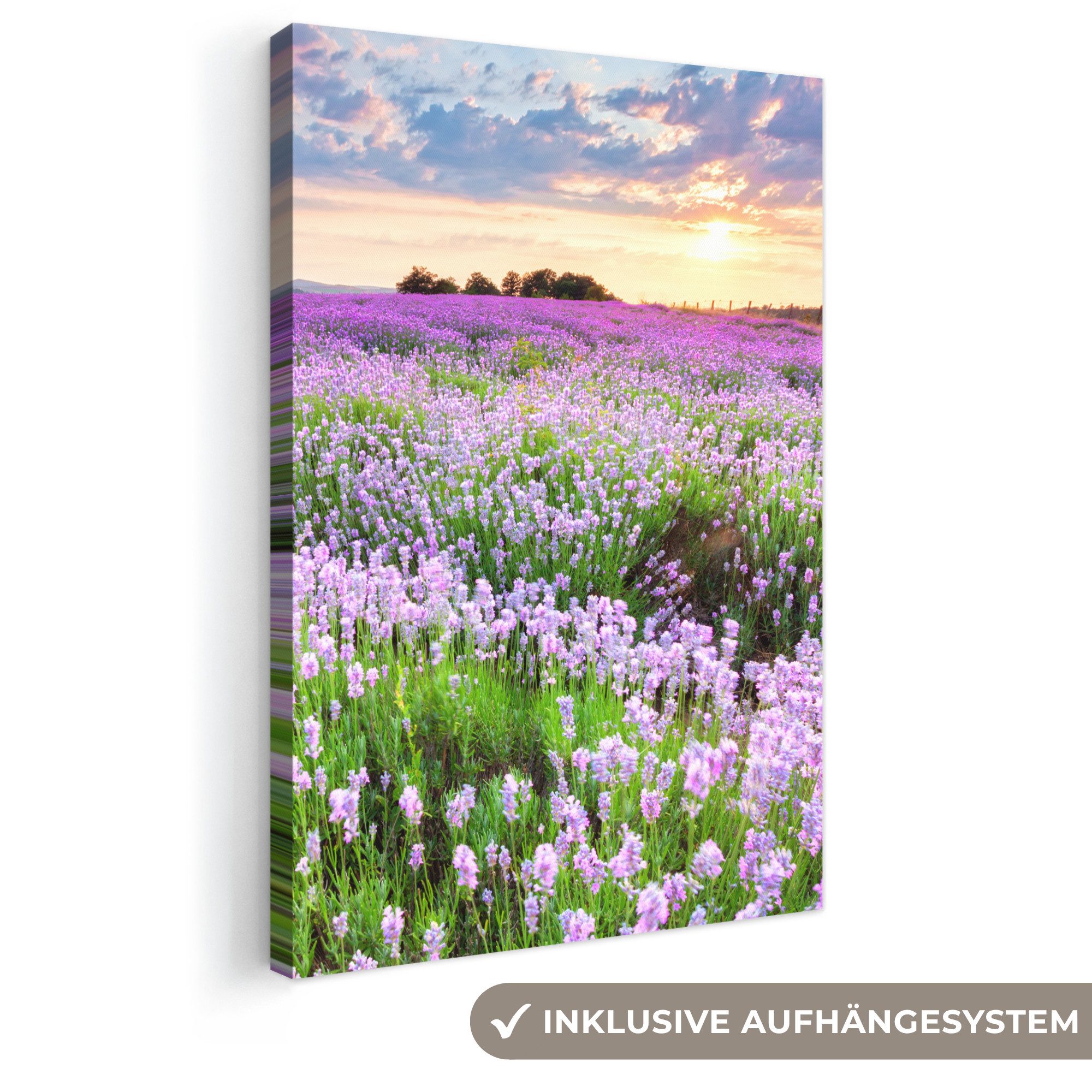 OneMillionCanvasses® Leinwandbild Blumen - Lavendel - Lila - Himmel - Sonnenuntergang - Wiese - Natur, Fotodruck (1 St), Leinwand Canvas Wandbild, Wanddekoration 20x30 cm