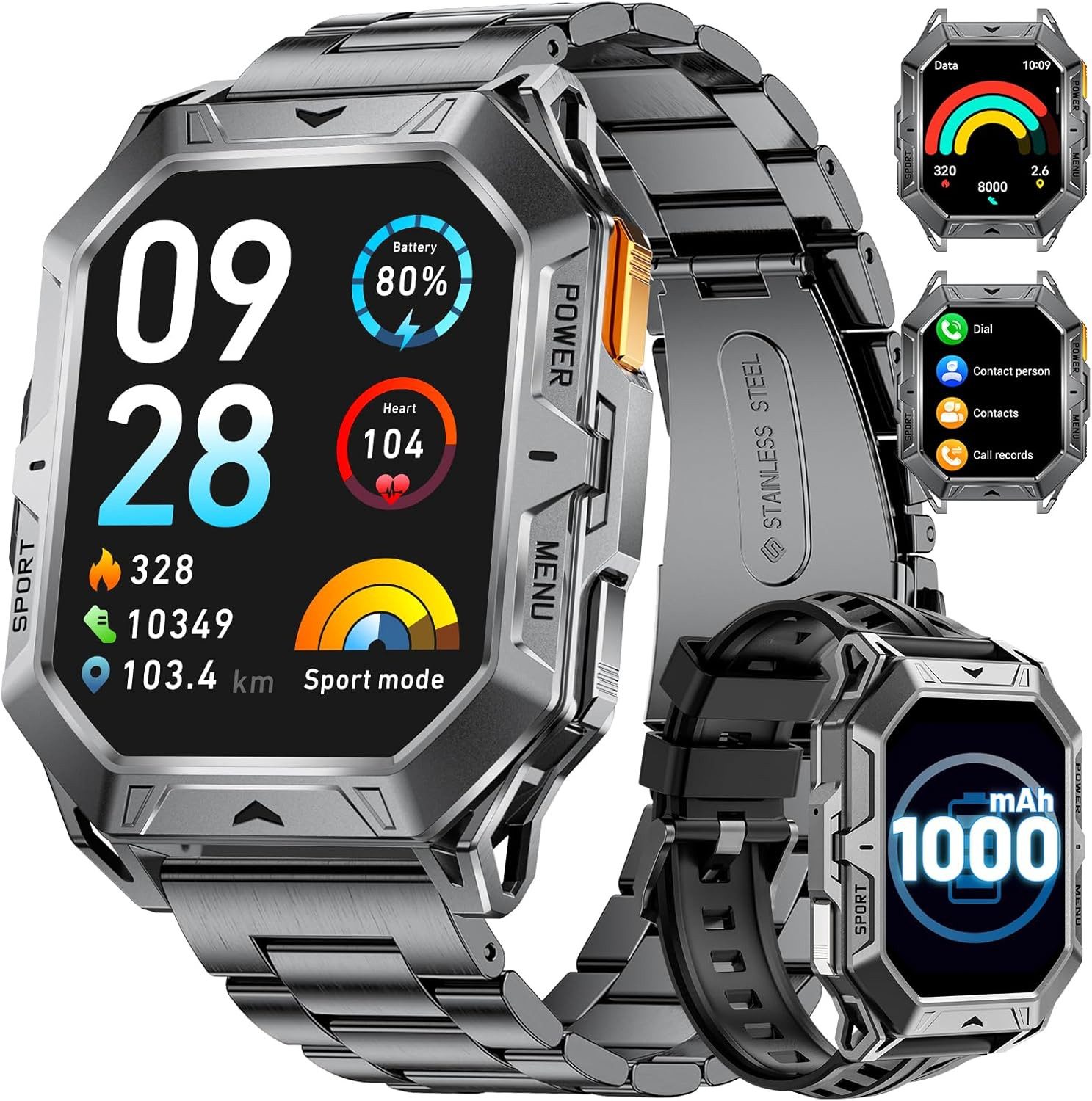 Lige TX1-G Smartwatch (Android iOS), Militär-Smartwatch TX1 mit 2.13" AMOLED, 1000mAh Akku, 100 Sportmodi