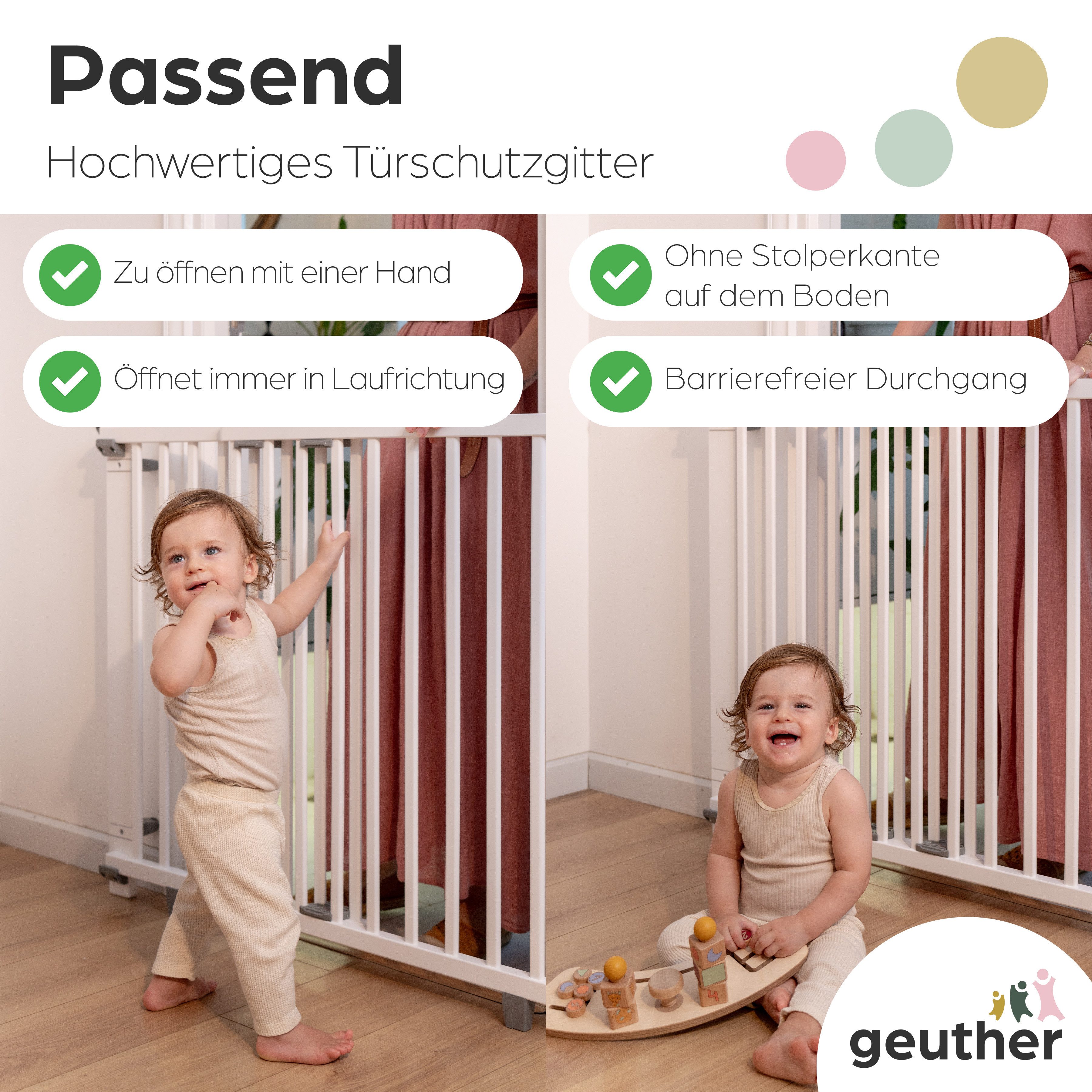 Geuther Türschutzgitter Oris zum Bohren 58-133 cm Weiß, Barrierefreier Durchgang - für Erwachsene leicht zu öffnen
