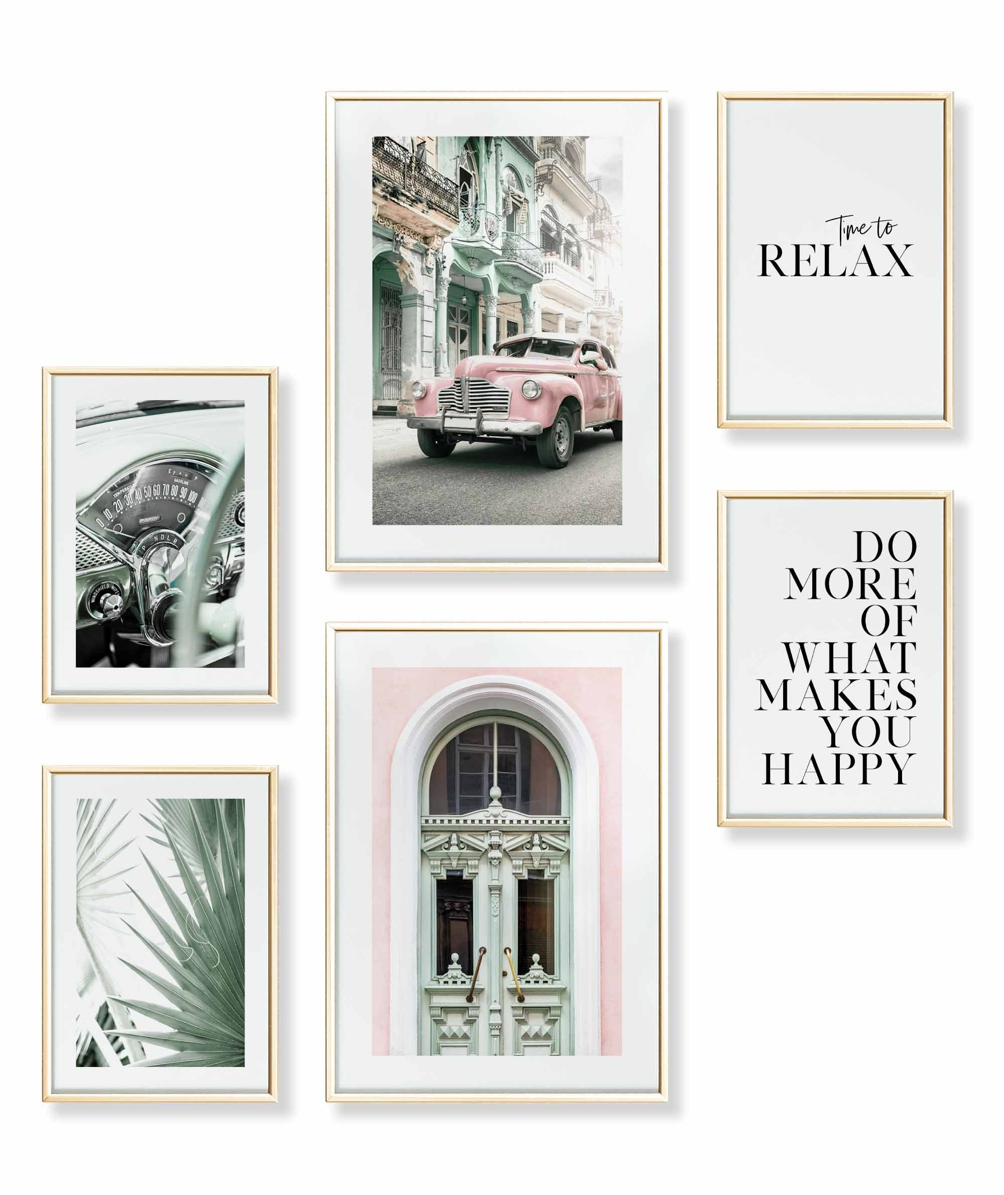 Poster Set als Wohnzimmer Deko, Bilder DINA3 & DINA4, Auto Grün Vintage