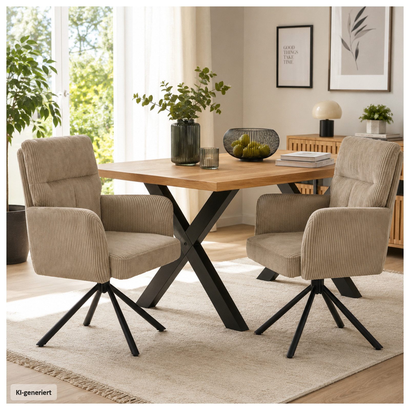 HTI-Living Esszimmerstuhl Drehstuhl Kyra Cordstoff Beige (Set, 2 St), Esszimmerstuhl Schreibtischstuhl mit Federkern und Auto-Return