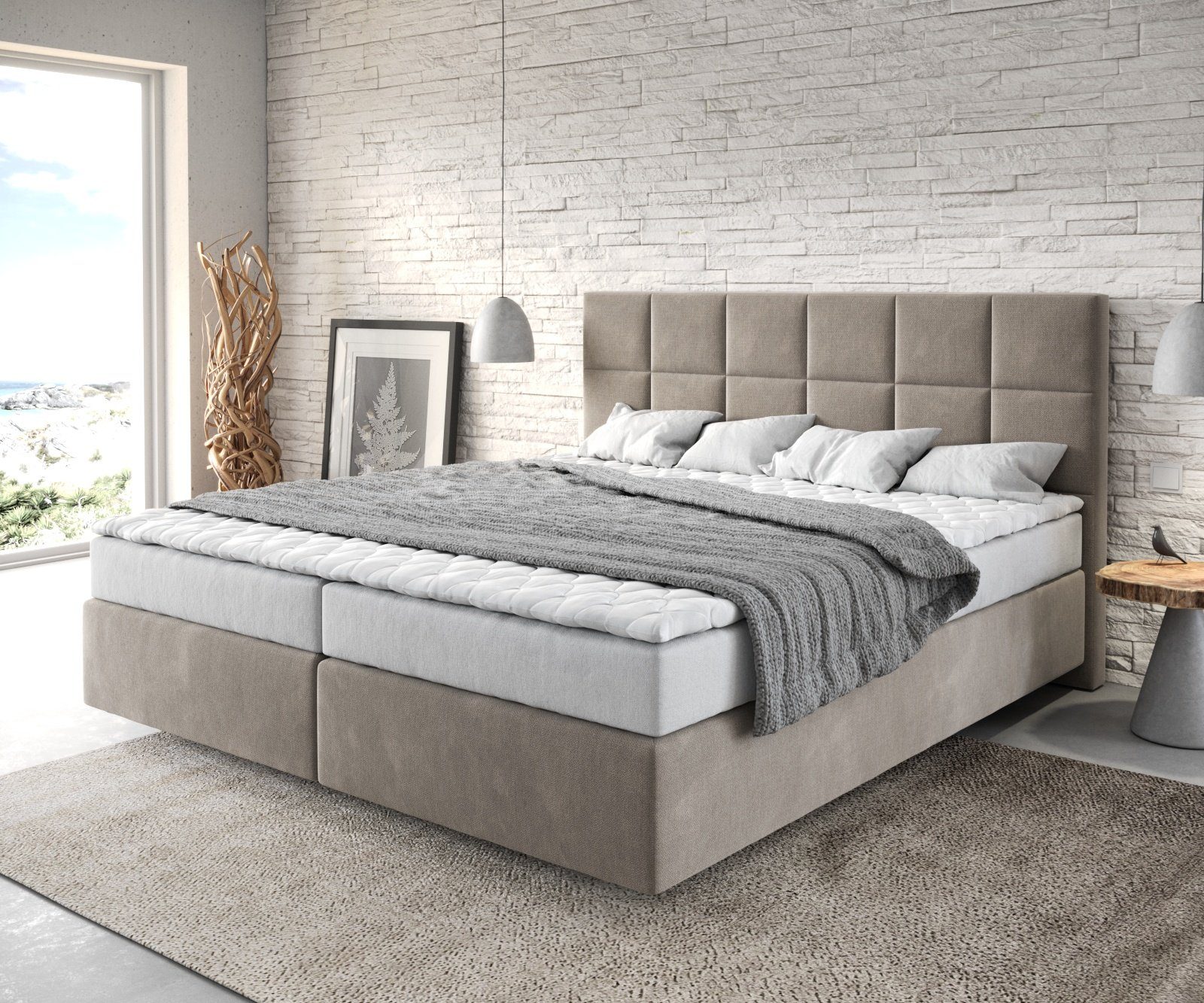 DELIFE Boxspringbett Dream-Fine, Mikrofaser Beige 180x200 cm mit Matratze und Topper