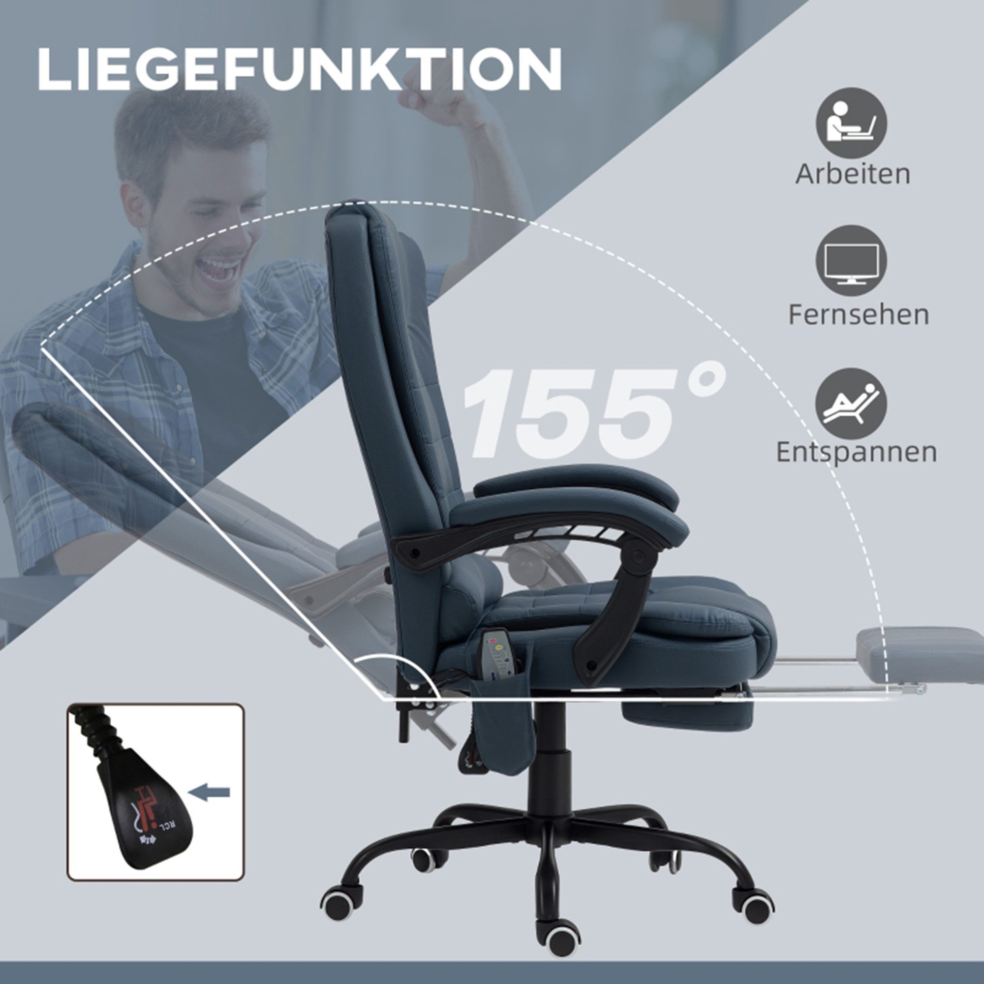 MC Star Bürostuhl Massage-Bürostuhl, 7 Vibrationspunkte, verstellbare Fußstütze & Lehne (bis 120 kg, Lederoptik, Blau)