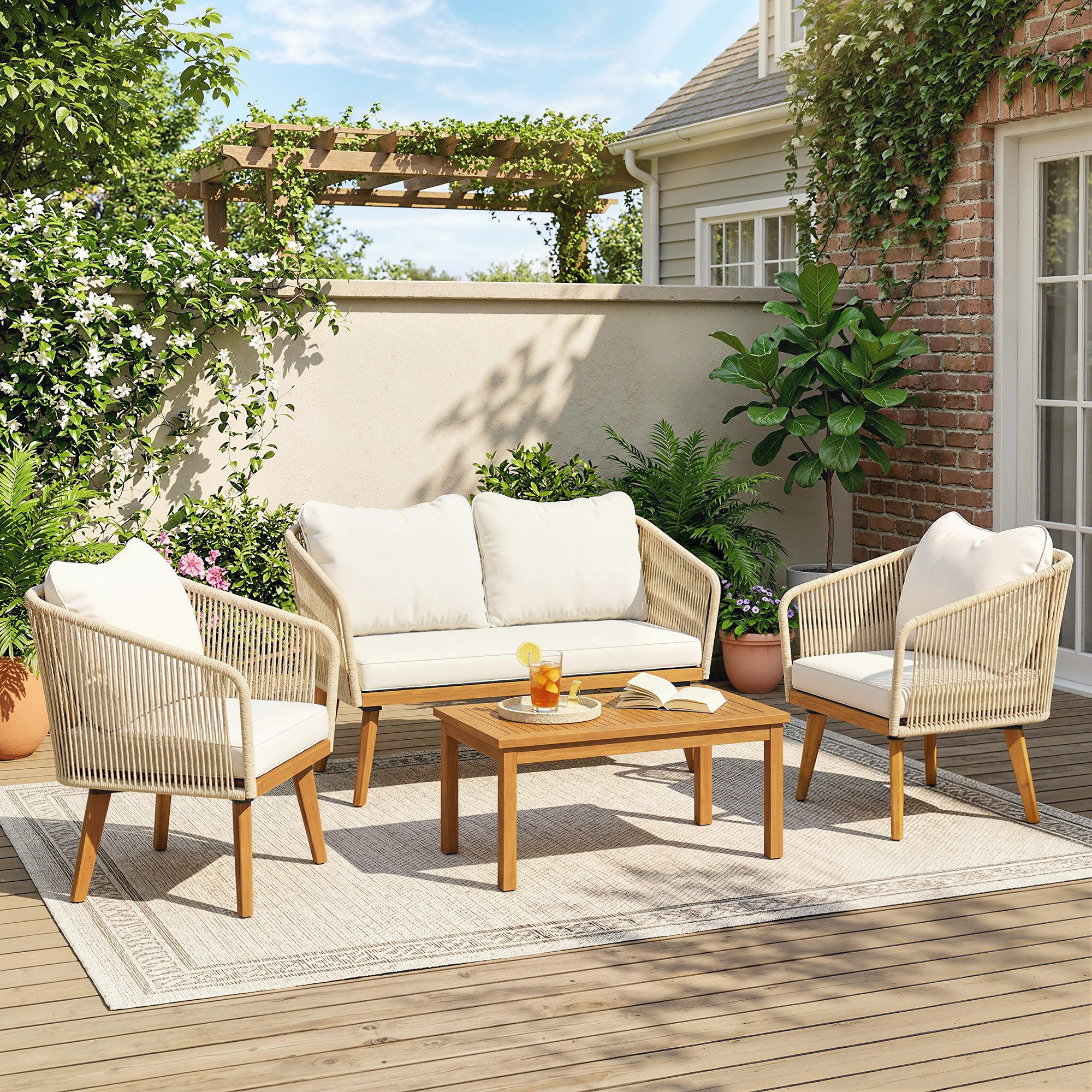 Outsunny Gartensofa mit Zweisitzer, 2 Sessel, Akazienholz-Lamellentisch, dicke Kissen, Lounge-Set 4 Teile, für Garten Balkon Cremeweiß